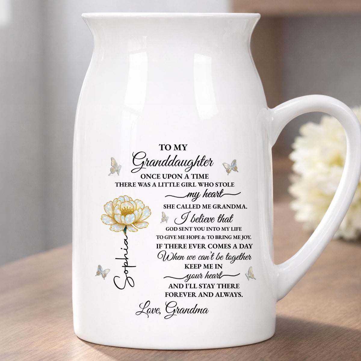 To My Granddaughter Once Upon A Time Birth Month Flower Butterflies - Personalized Ceramic Flower Vase - GDT389_CEV