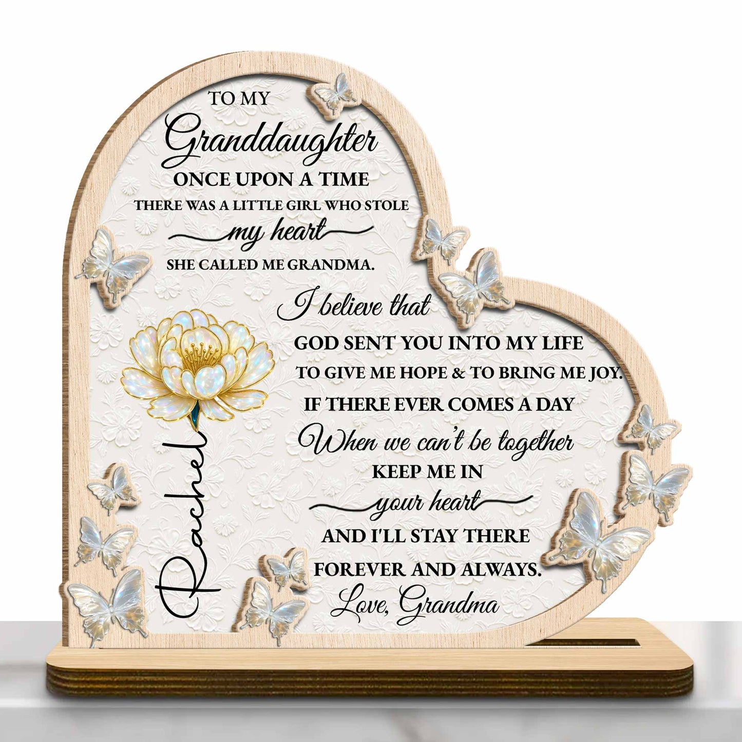 To My Granddaughter, Once Upon A Time, Butterfly And Flower - Personalized Custom 2-Layer Wood Plaque With Flat Base - GDT389_WPLA