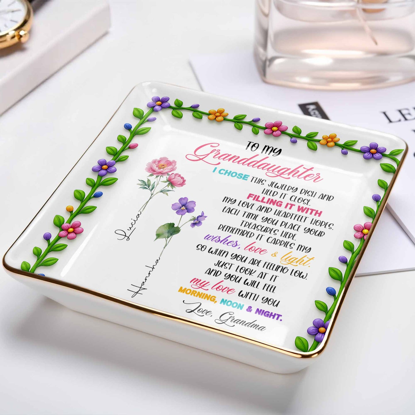 To My Granddaughter, Love & Light Ceramic Square Dish