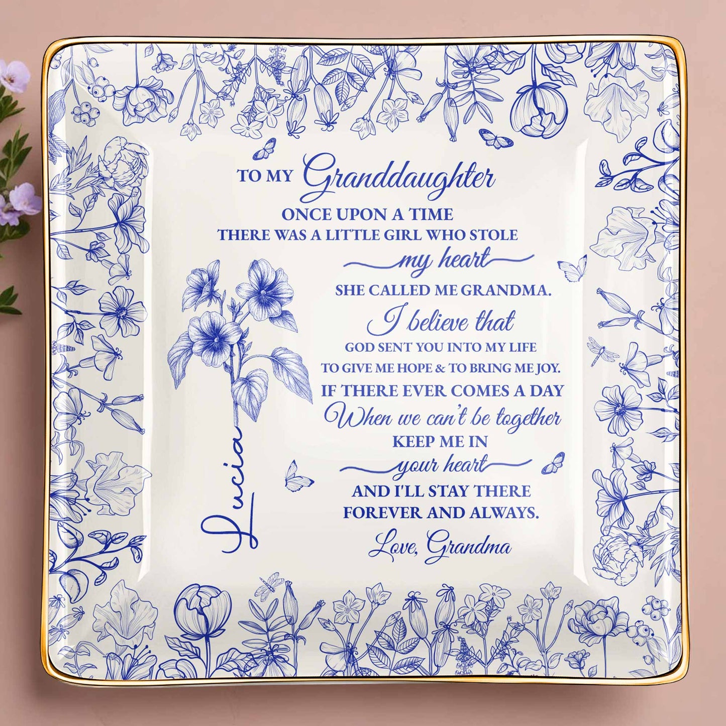 To My Granddaughter, Once Upon A Time, Flowers Design - Personalized Custom Jewelry Dish, Ceramic Dish, Square Shape - GDT406_SCRF