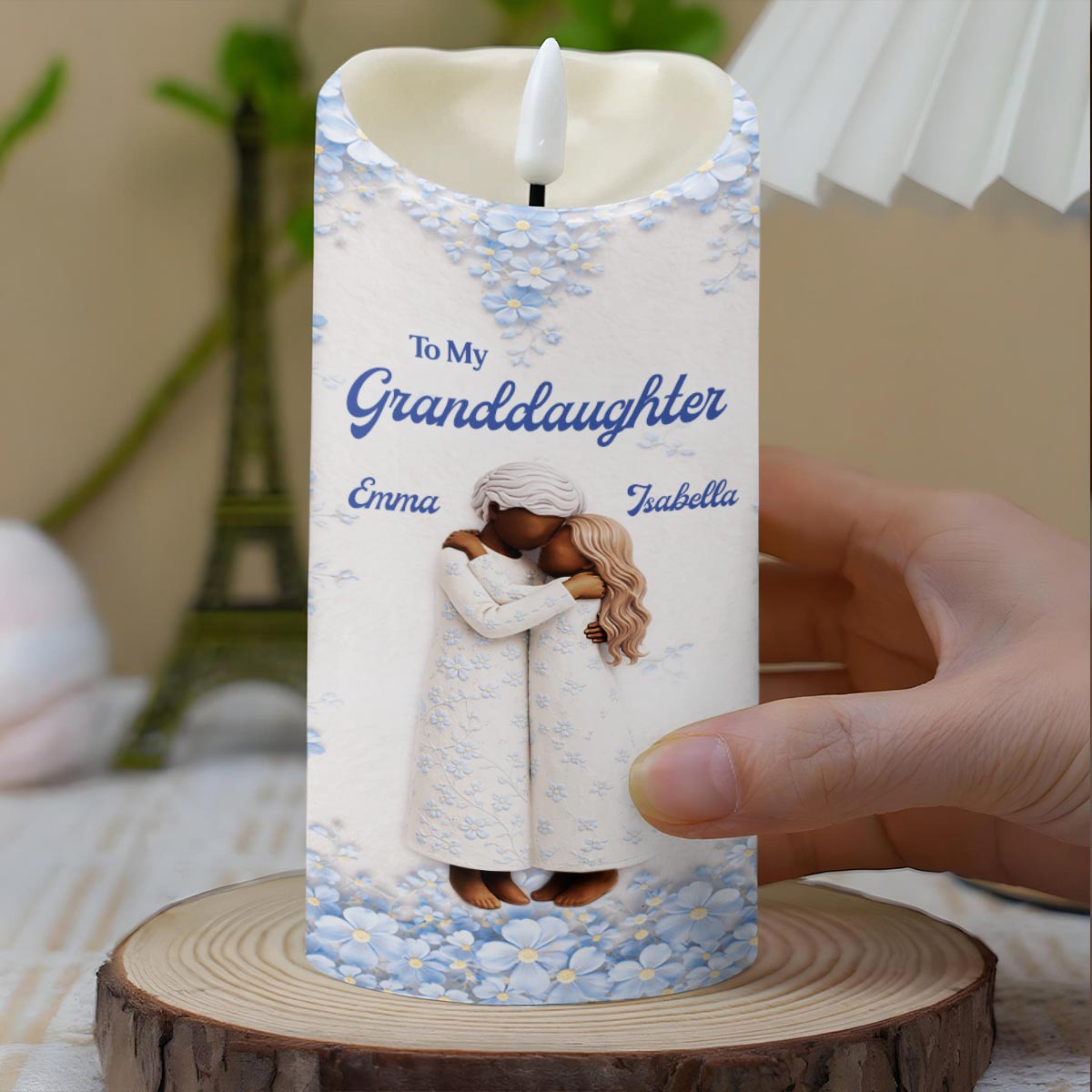 To My Granddaughter, Floral Grandmother And Granddaughter Embrace - Personalized Custom LED Candle - GDT571_LECA