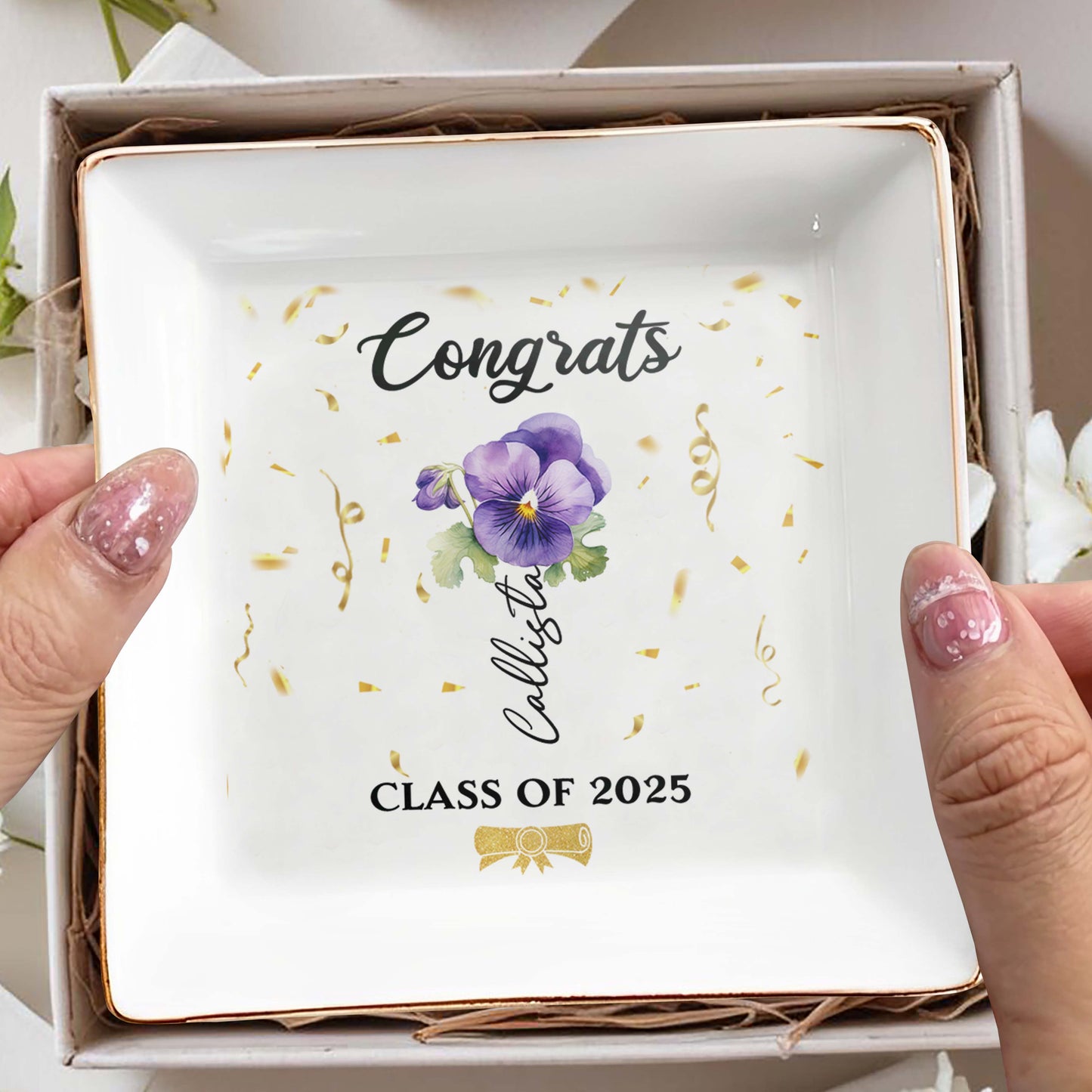 Congrats Personalized Pansy Flower Design Jewelry Dish