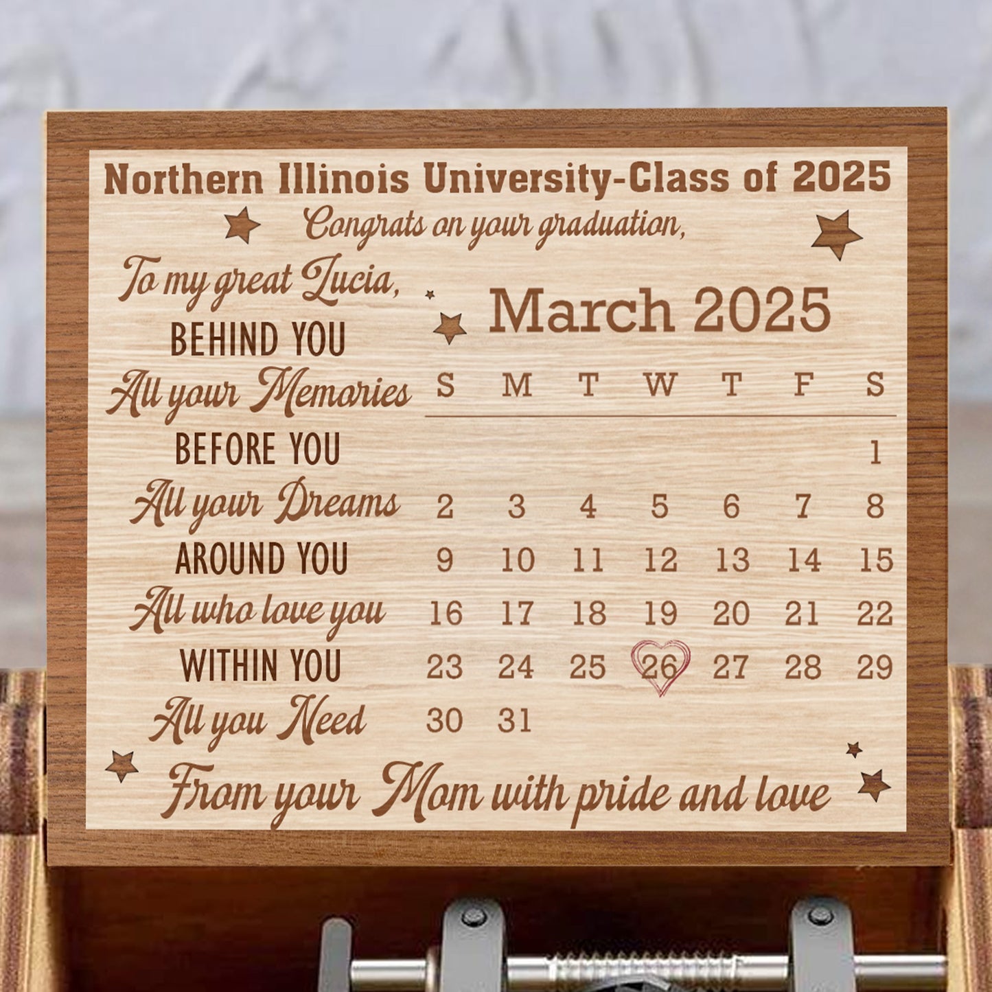 Congrats on Your Graduation, To My Great Lucia, Calendar and Stars - Custom Music Box With "You Are My Sunshine" Tune - GRAD042_MZB