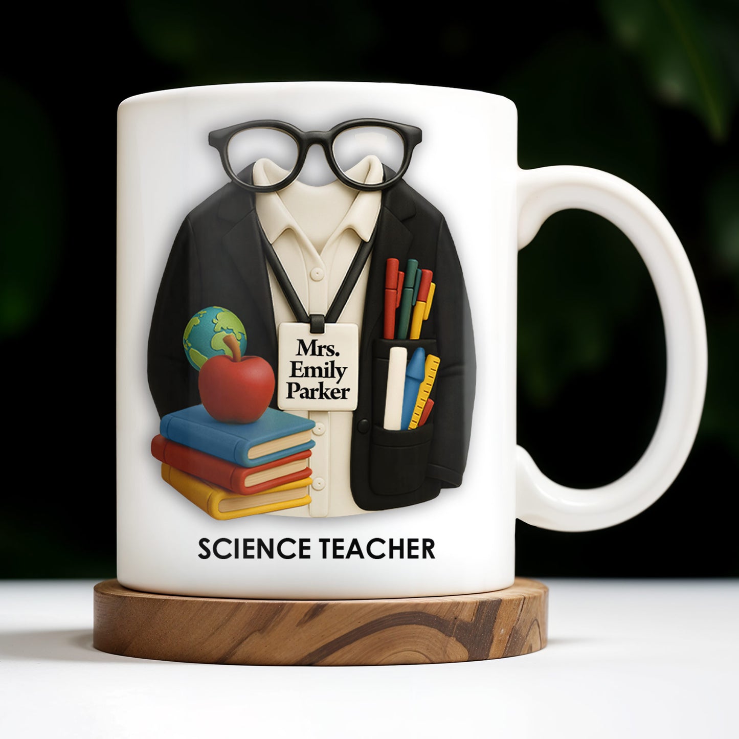 Customizable Coffee Mug Featuring Glasses, Books, Apple, Markers, Lab Coat