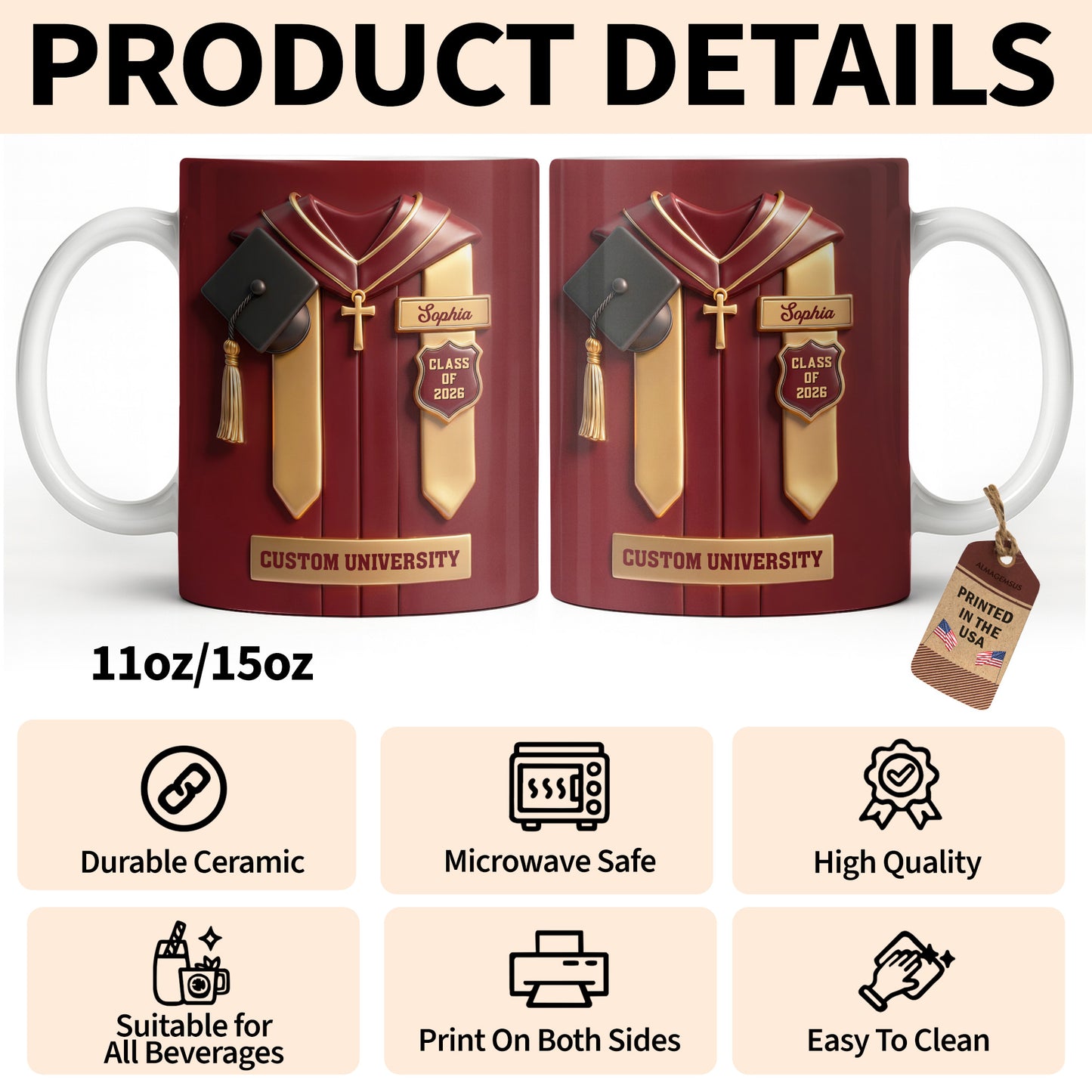 Class Of University Graduation Gown With Cap And Cross - Personalized Custom Coffee Mug - GRAD444_MG