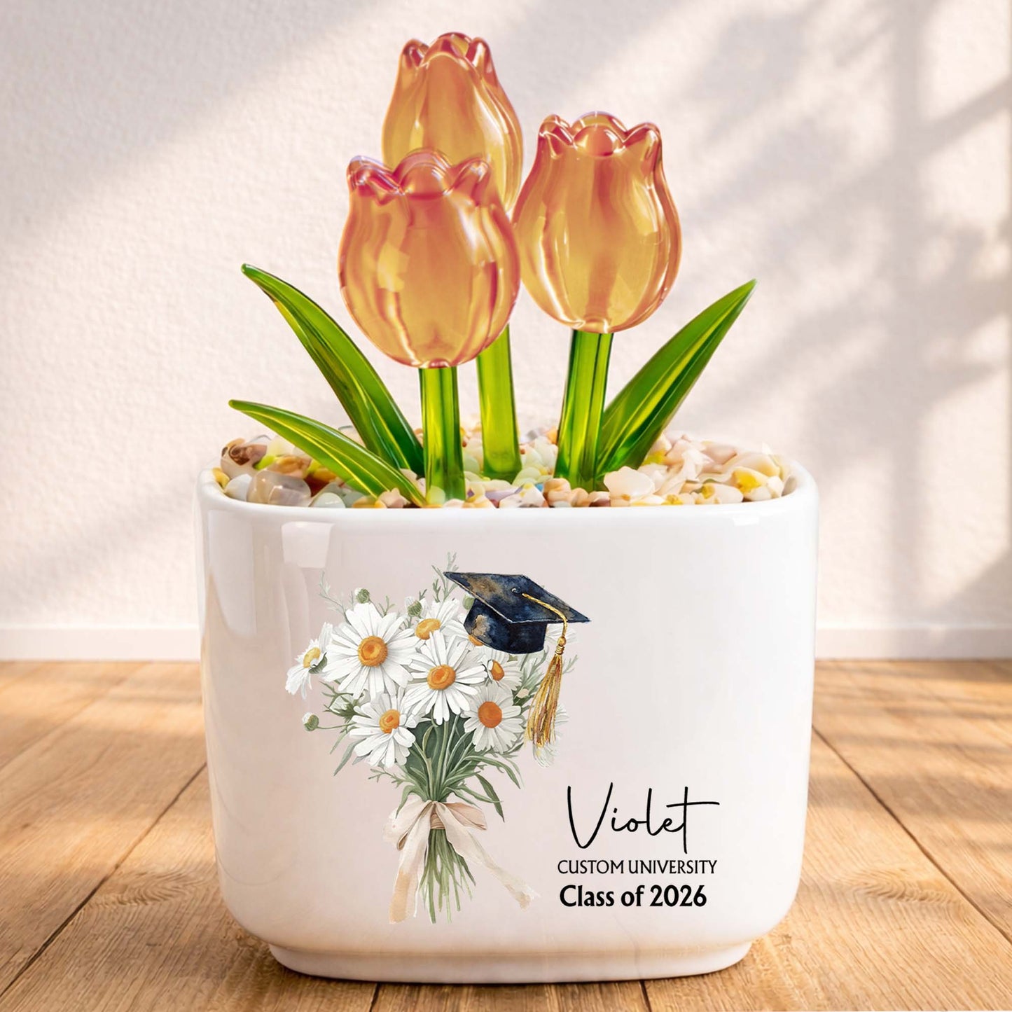 Class Of Birth Month Flowers And Graduation Cap With Glass Tulips - Personalized Custom Glass Everlasting Tulips - GRAD457_GLATU
