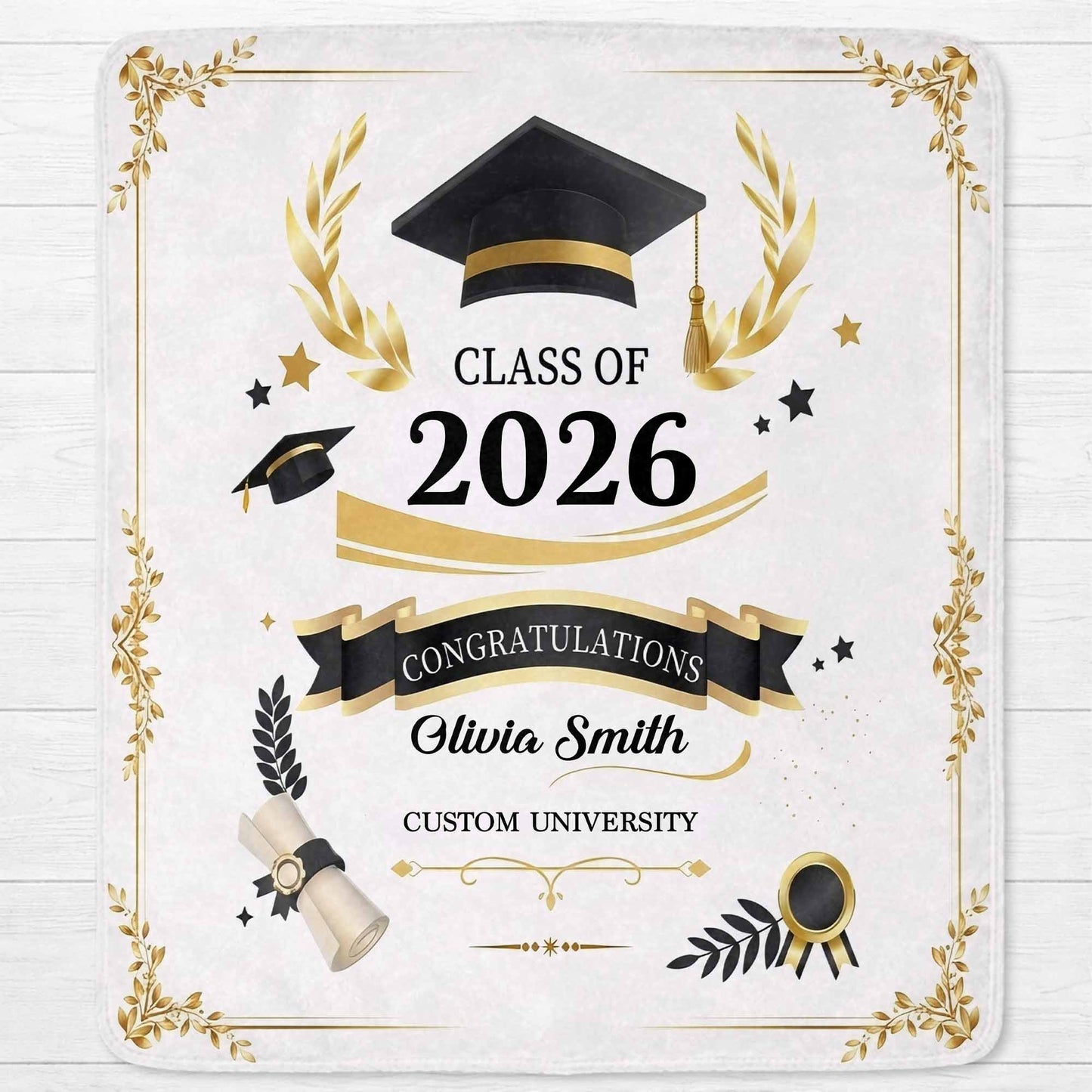 Class Of Congratulations Graduation Cap And Diploma Laurel Frame - Personalized Custom Blanket - GRAD484_BLK