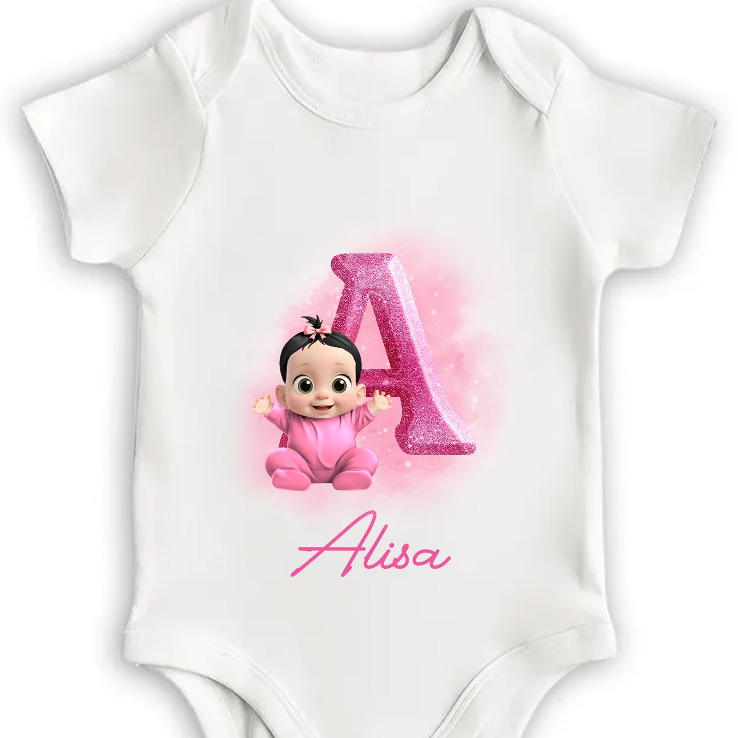 Cute Baby Girl Onesie With Animated Character and Initial