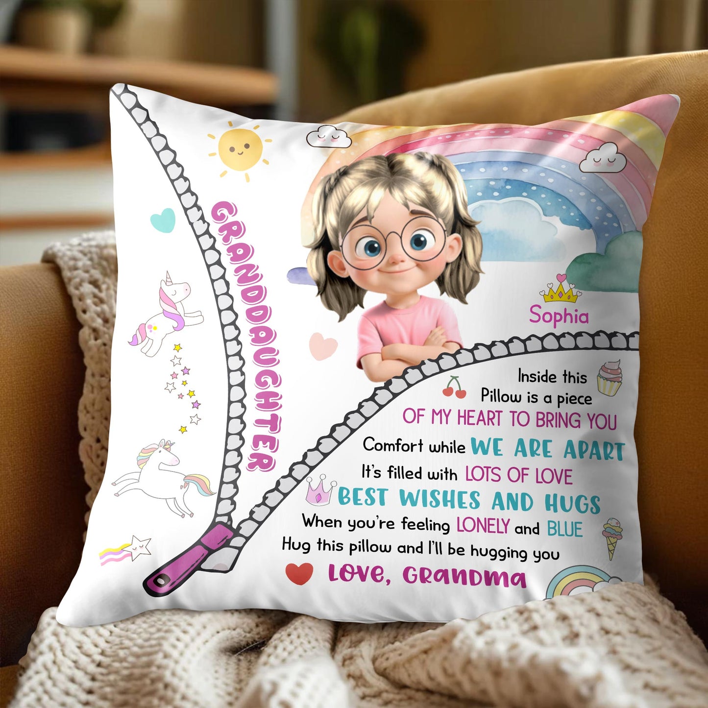 Comfort While We Are Apart, Rainbow and Unicorn Pillow