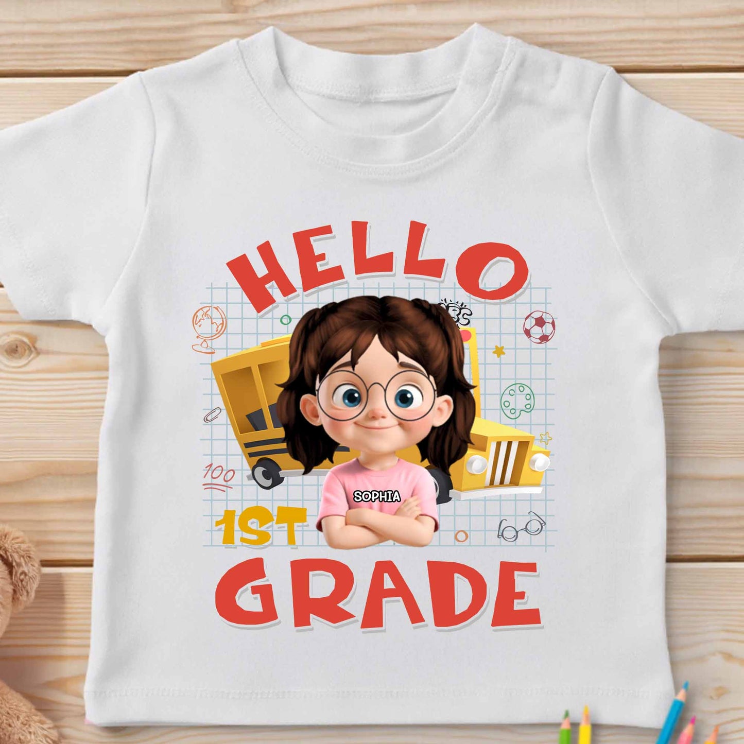 Hello 1st Grade, School Supplies, Cartoon Girl