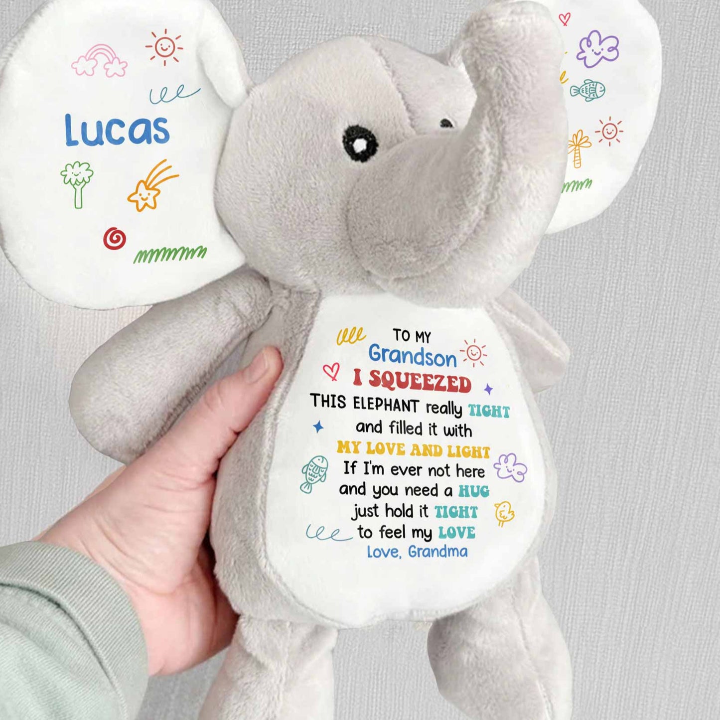 To My Grandson, Feel My Love Elephant With Hearts And Stars - Personalized Elephant Stuffed Animal, Elephant Doll - GRK085_ELEA