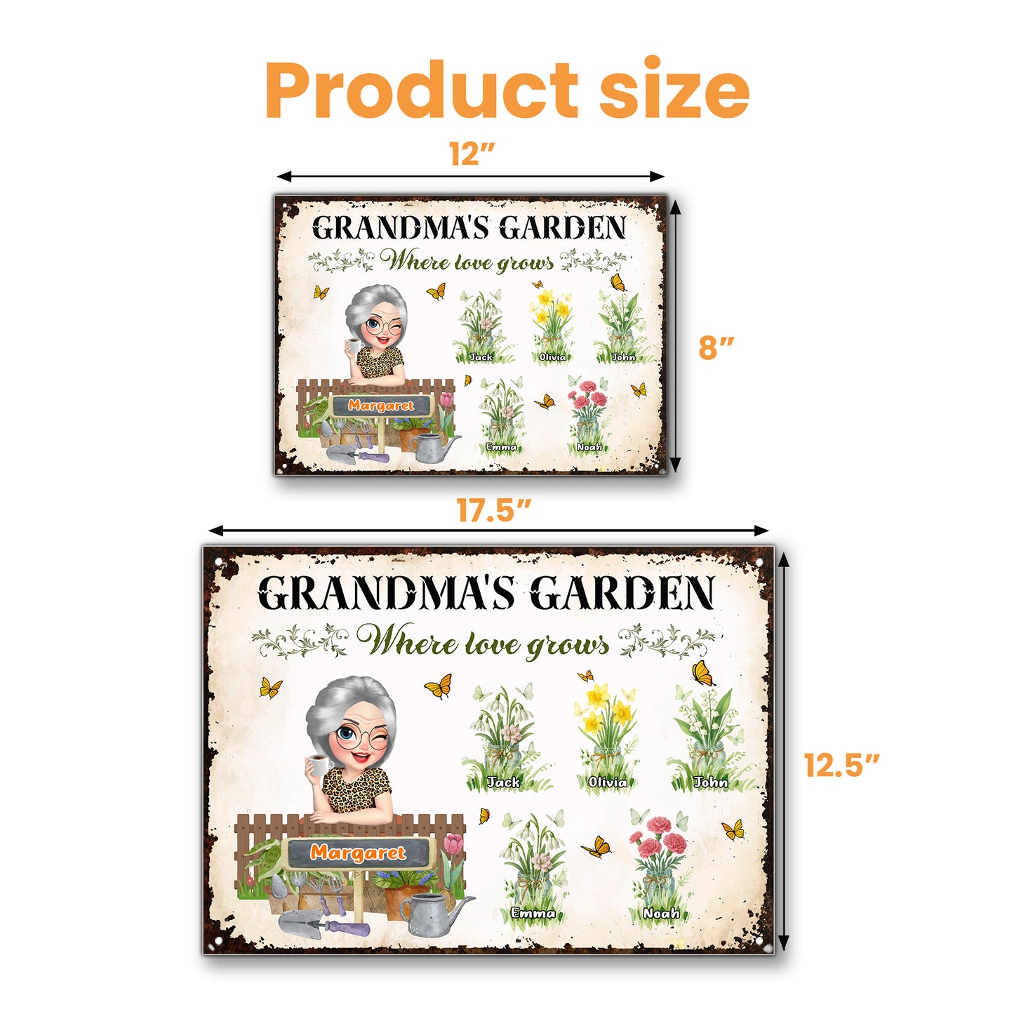 El Jardín de la Abuela, Donde Crece el Amor, Flores y Mariposas - Letrero Metálico Personalizado - GRM007_MSIGN