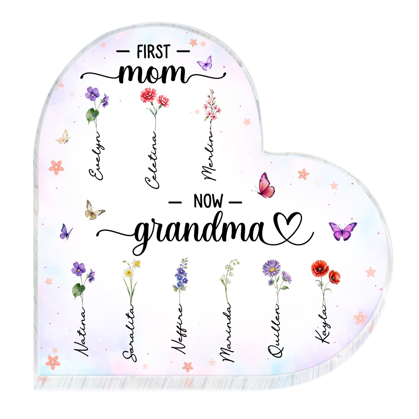 First Mom To Nom Grandma With Flowers And Butterflies Design - Personalized Heart Shaped Acrylic Plaque - GRM019_HAP
