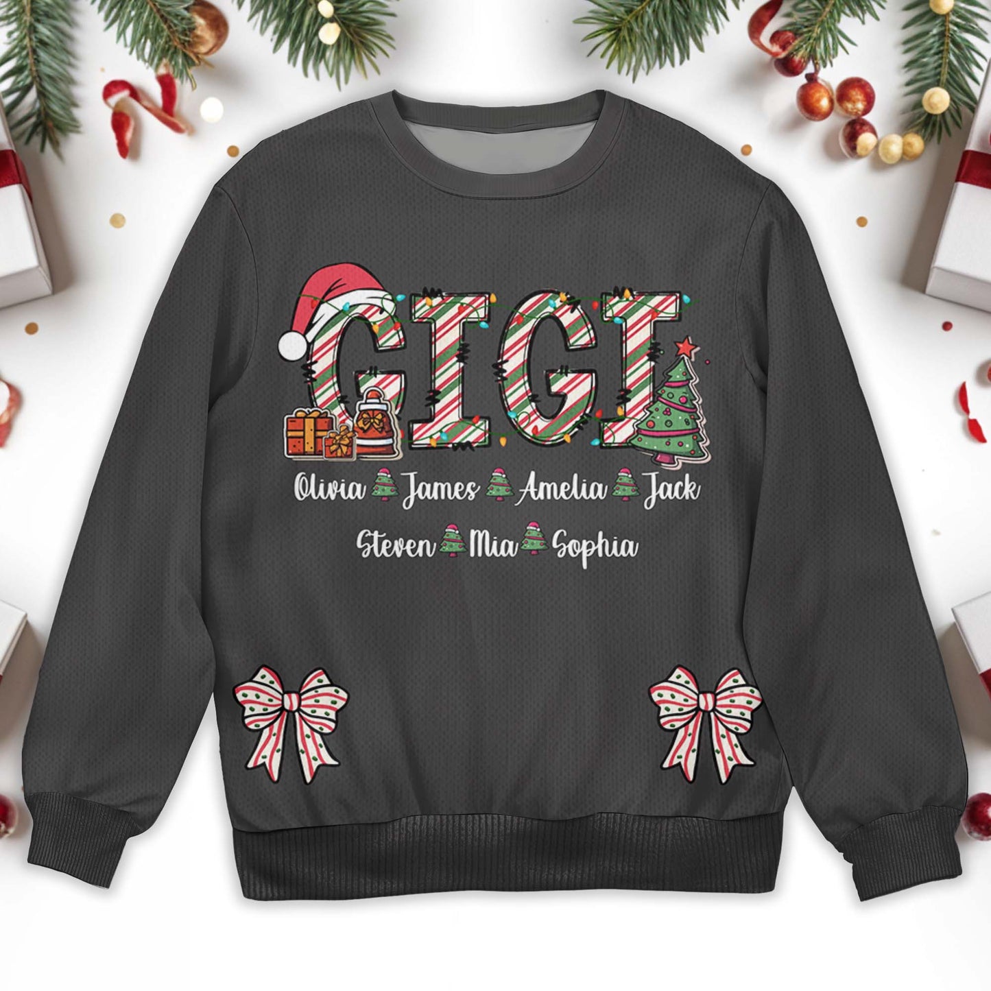 Festive Family Christmas Tree and Gifts Design - Personalized Custom Ugly Sweatshirt, Unisex Wool Jumper - GRM030_TWS