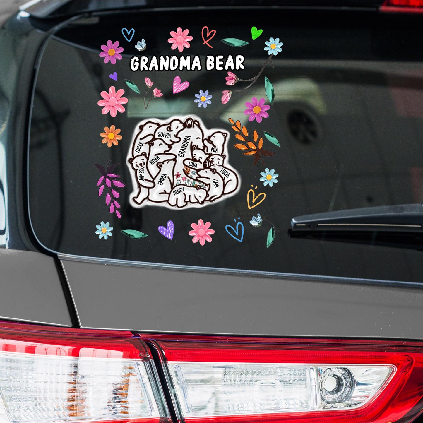 Abuela Osa rodeada de flores y corazones - Vinilo decorativo personalizado - GRM047_STIK