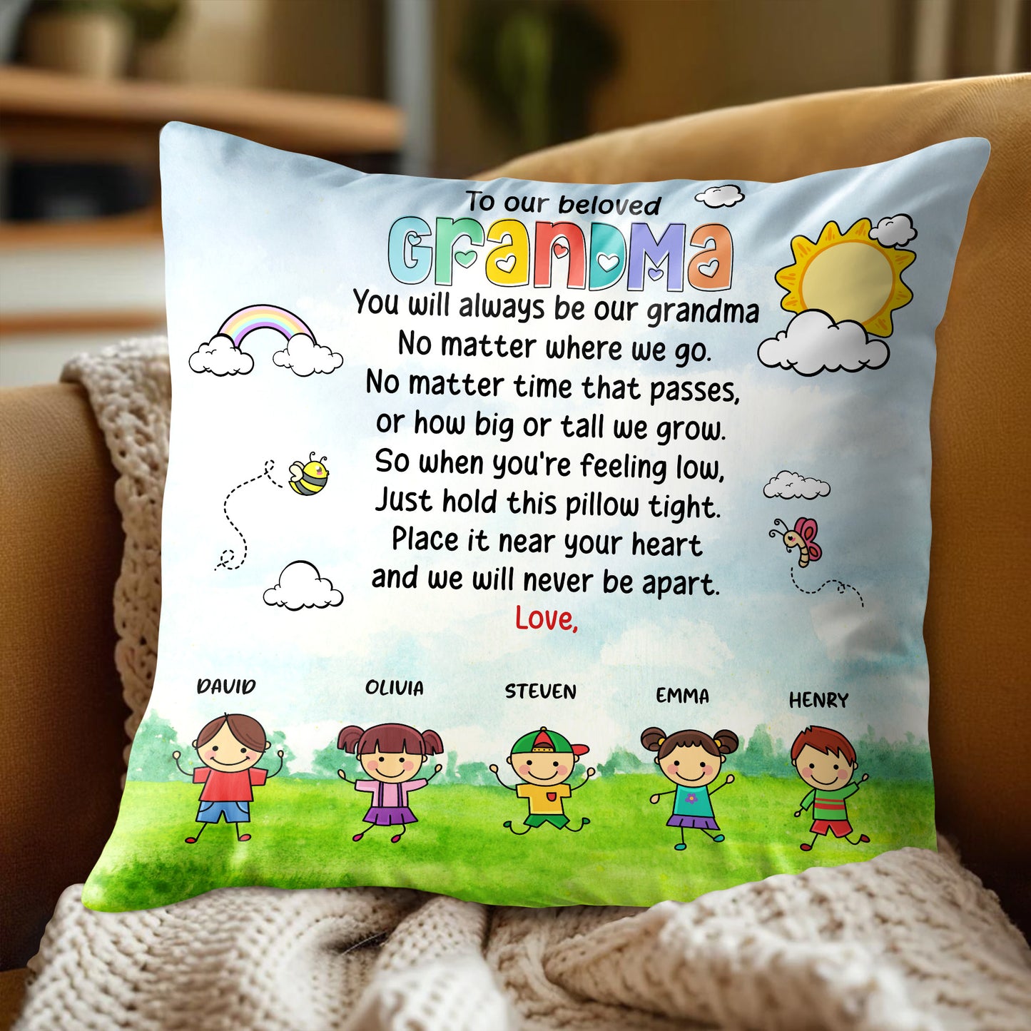 Beloved Grandma Custom Pillow With Children and Rainbow Design