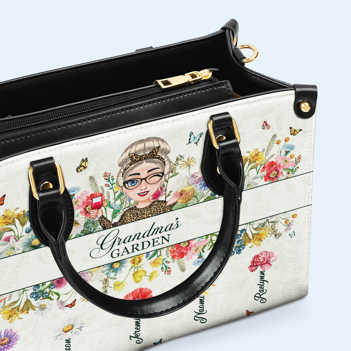 Jardín de la Abuela con Flores y Mariposas - Bolso de Cuero Personalizado - GRM059_HB