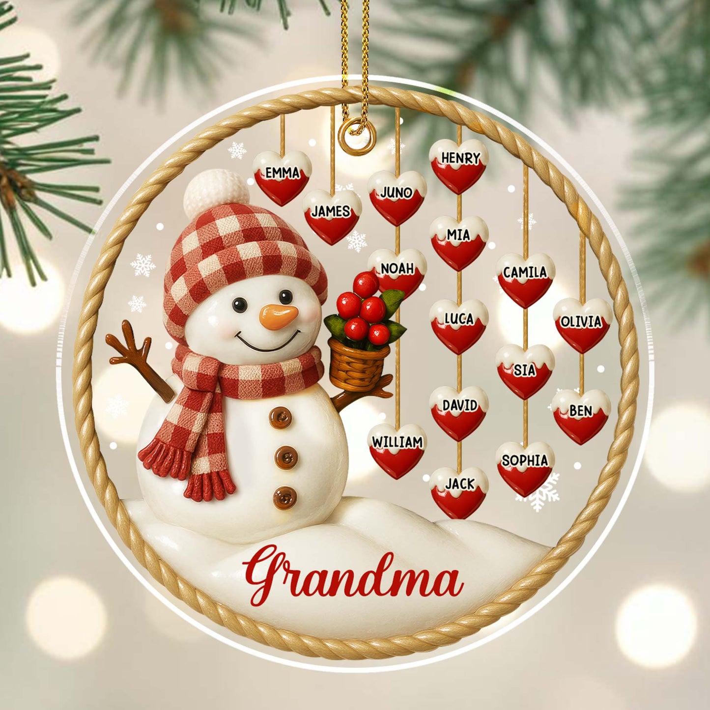 Customizable Acrylic Ornament With Snowman and Hearts