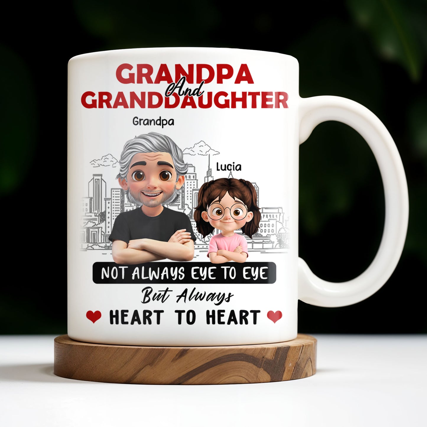Grandpa And Granddaughter, Not Always Eye To Eye But Always Heart To Heart, Cartoon Characters and City Skyline