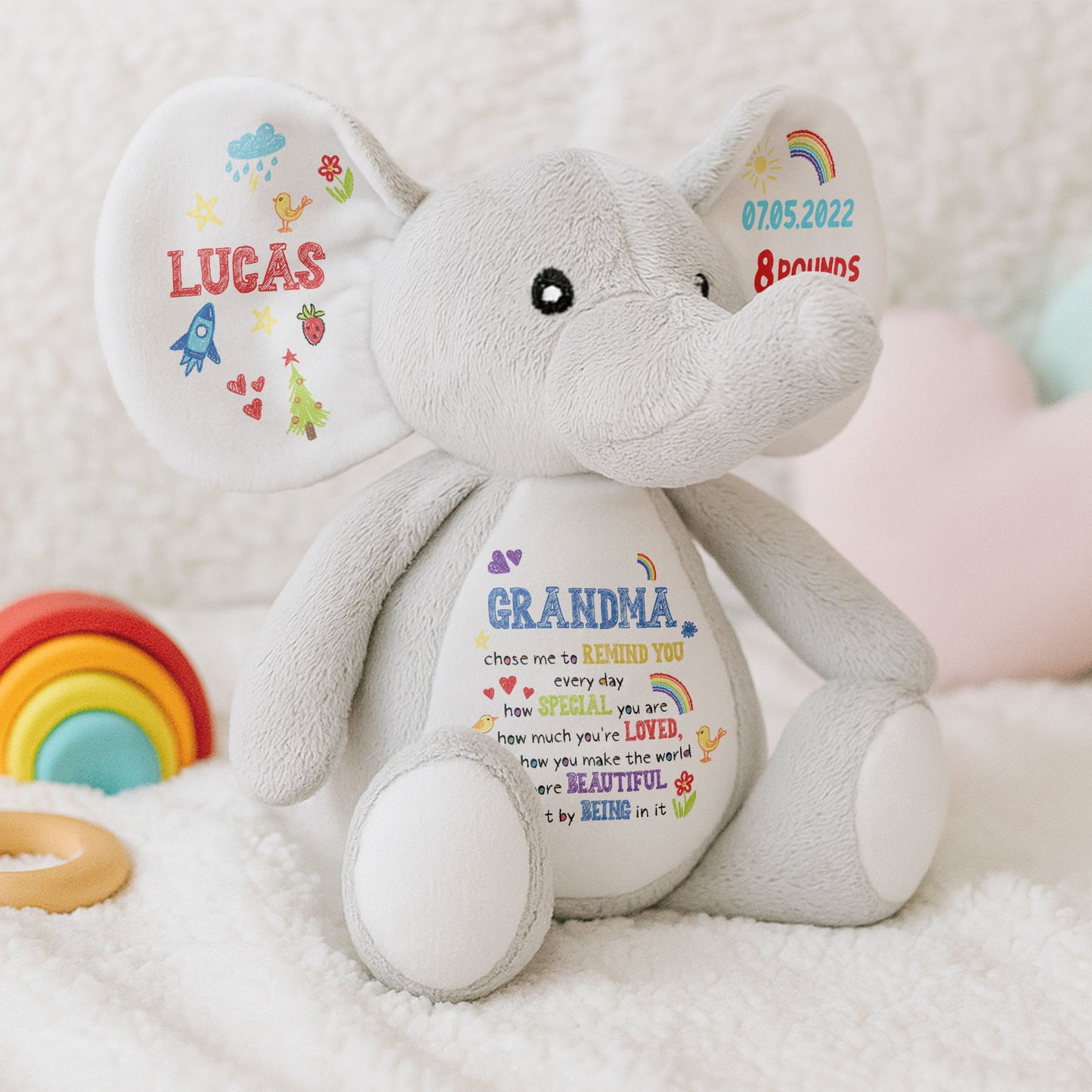 La abuela me eligió para recordártelo, elefante con corazones y arcoíris - Elefante de peluche personalizado, muñeco de elefante - GSN026_ELEA