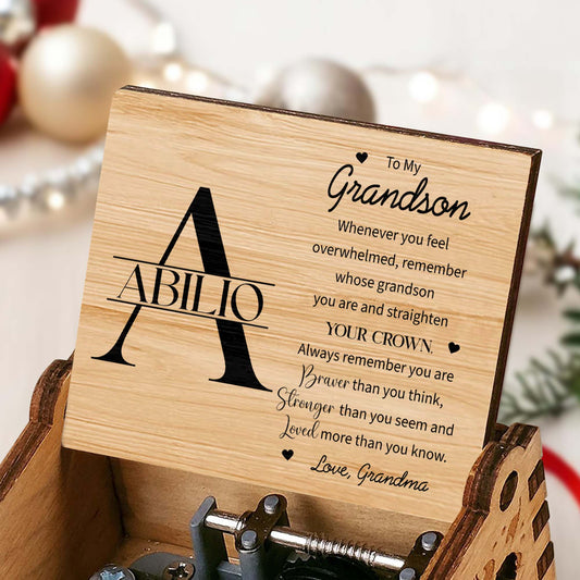 Caja de música con cita inspiradora "Nieto, corona y corazón" - Caja de música personalizada con la melodía "Eres mi sol" - GSN027_MZB