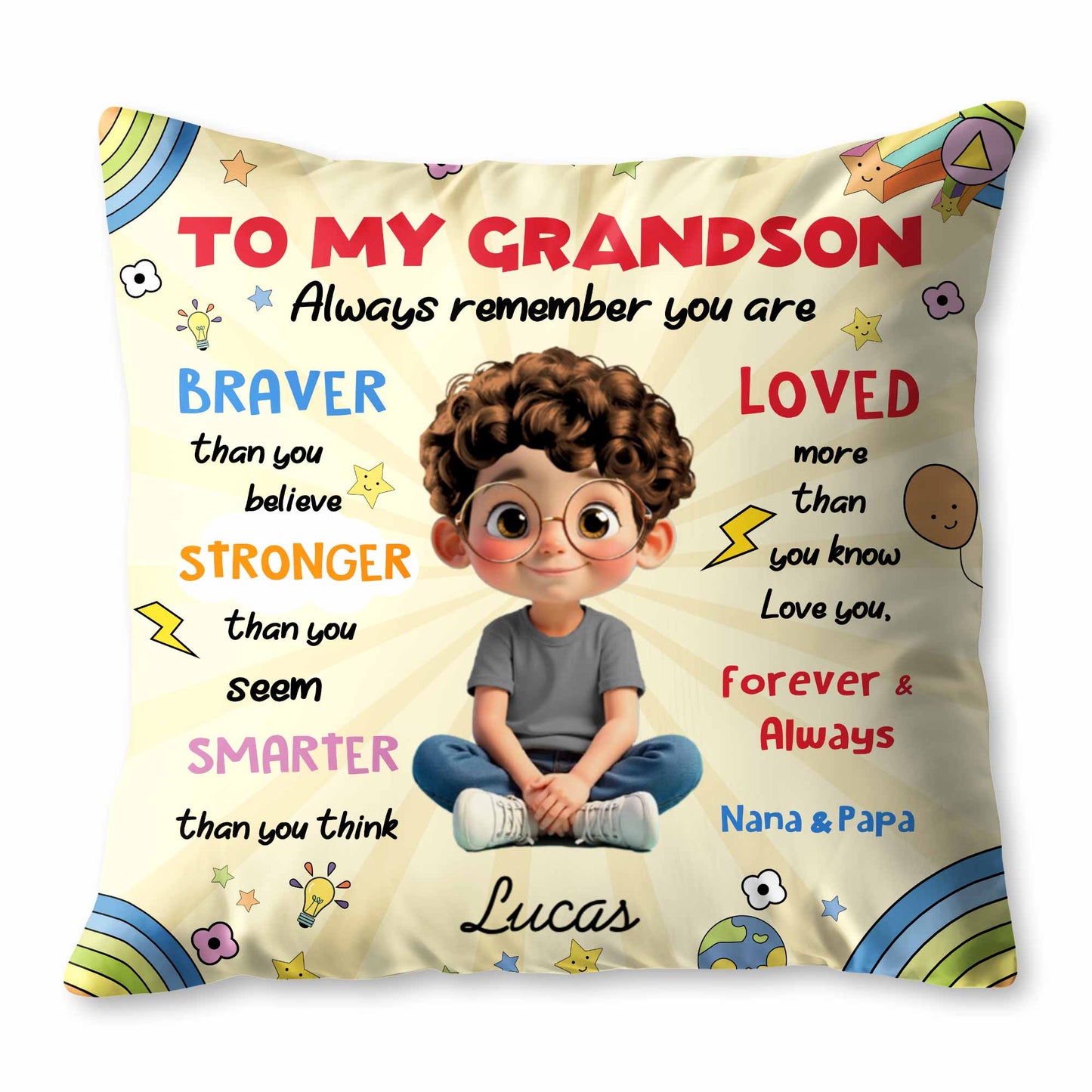 To My Grandson, Boy Stars Rocket Rainbow Pillow - Personalized Custom Pillow, Insert Included - GSN052_PLW