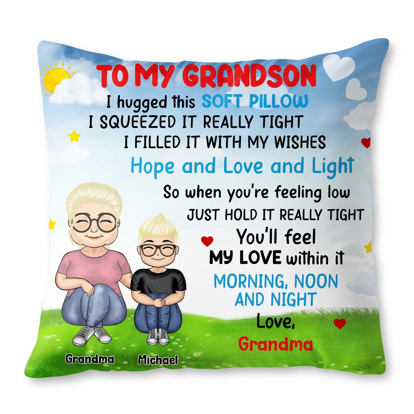 To My Grandson Love And Wishes Pillow With Hearts And Stars