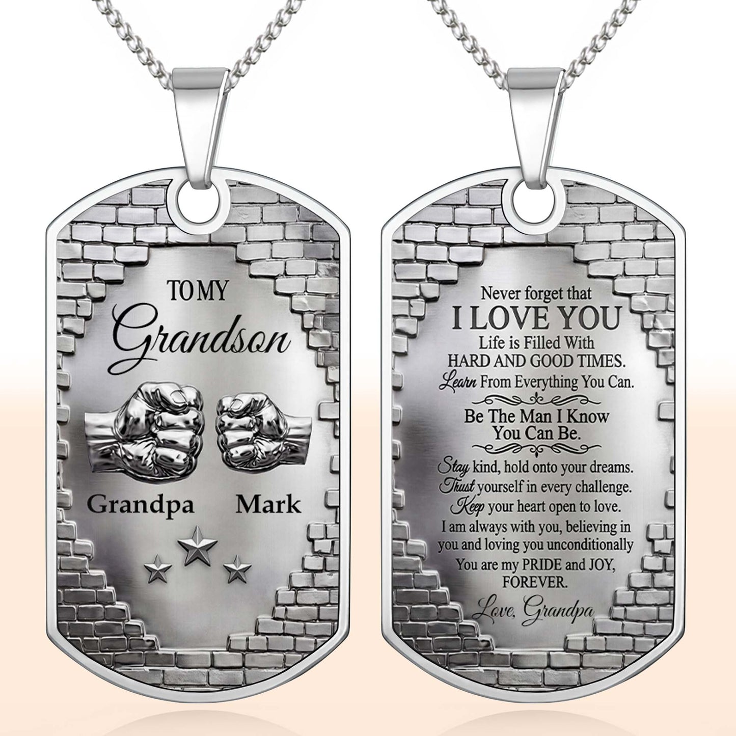 To My Grandson Fist Bump And Stars Brick Wall - Personalized Custom Dog Tag Necklace - GSN078_DTNECK