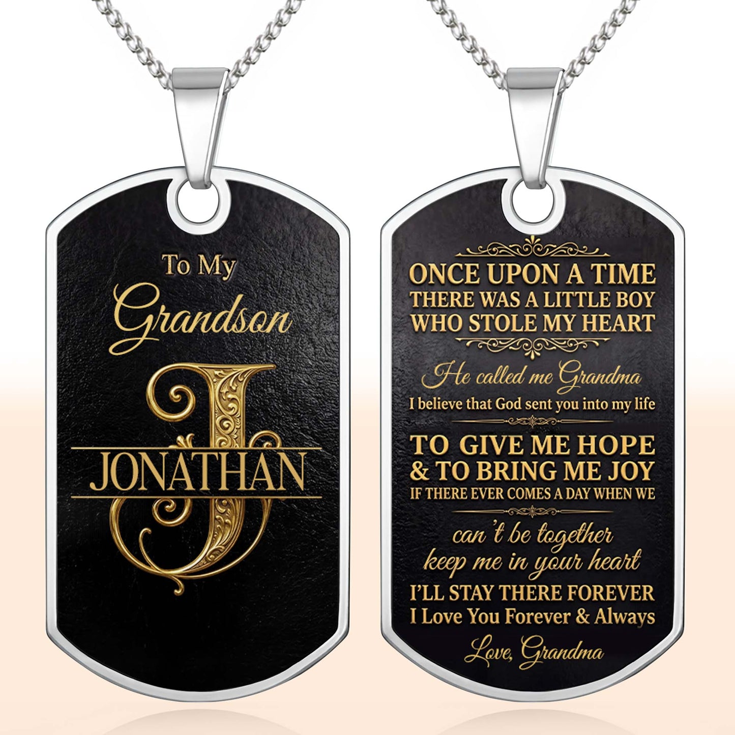 To My Grandson Initial Name With Vintage Gold Ornament - Personalized Custom Dog Tag Necklace - GSN097_DTNECK