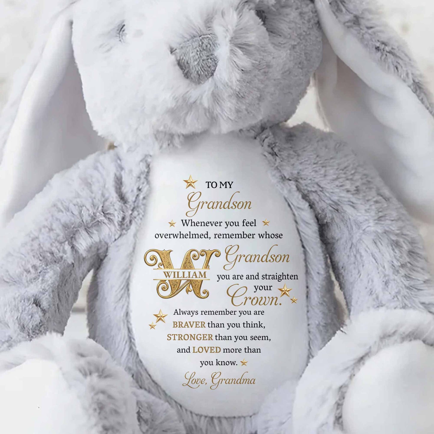 To My Grandson Straighten Your Crown Golden Stars And Alphabet - Personalized Stuffed Bunny - GSN136_BUN