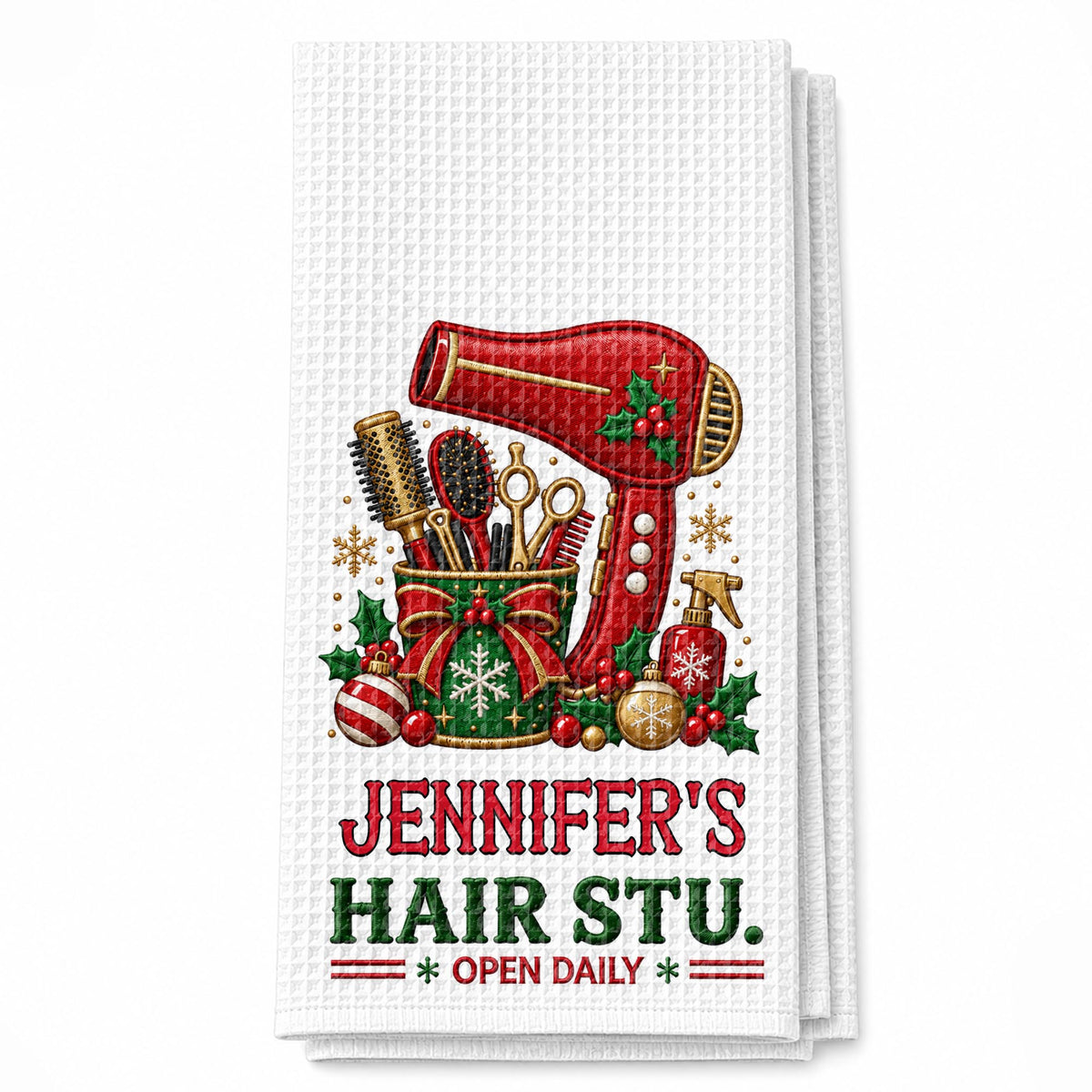 My Hair Stu. Open Daily With Salon Tools And Christmas Ornaments - Personalized Kitchen Towel - HAIR252_TOWL