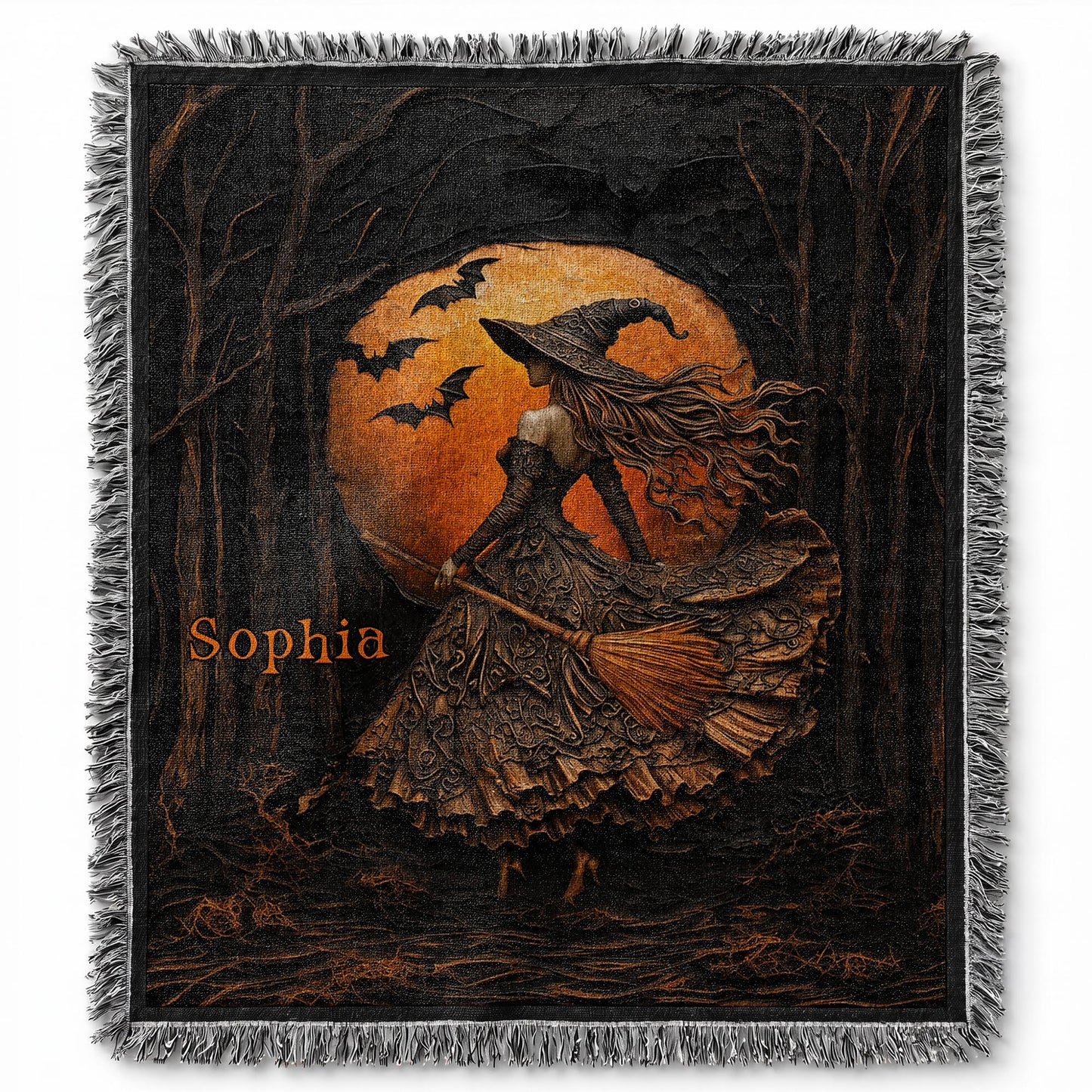 Mystical Witch Soaring Through The Moonlit Forest With Bats And Broomstick - Personalized Woven Blanket - HALW178_WOBLK