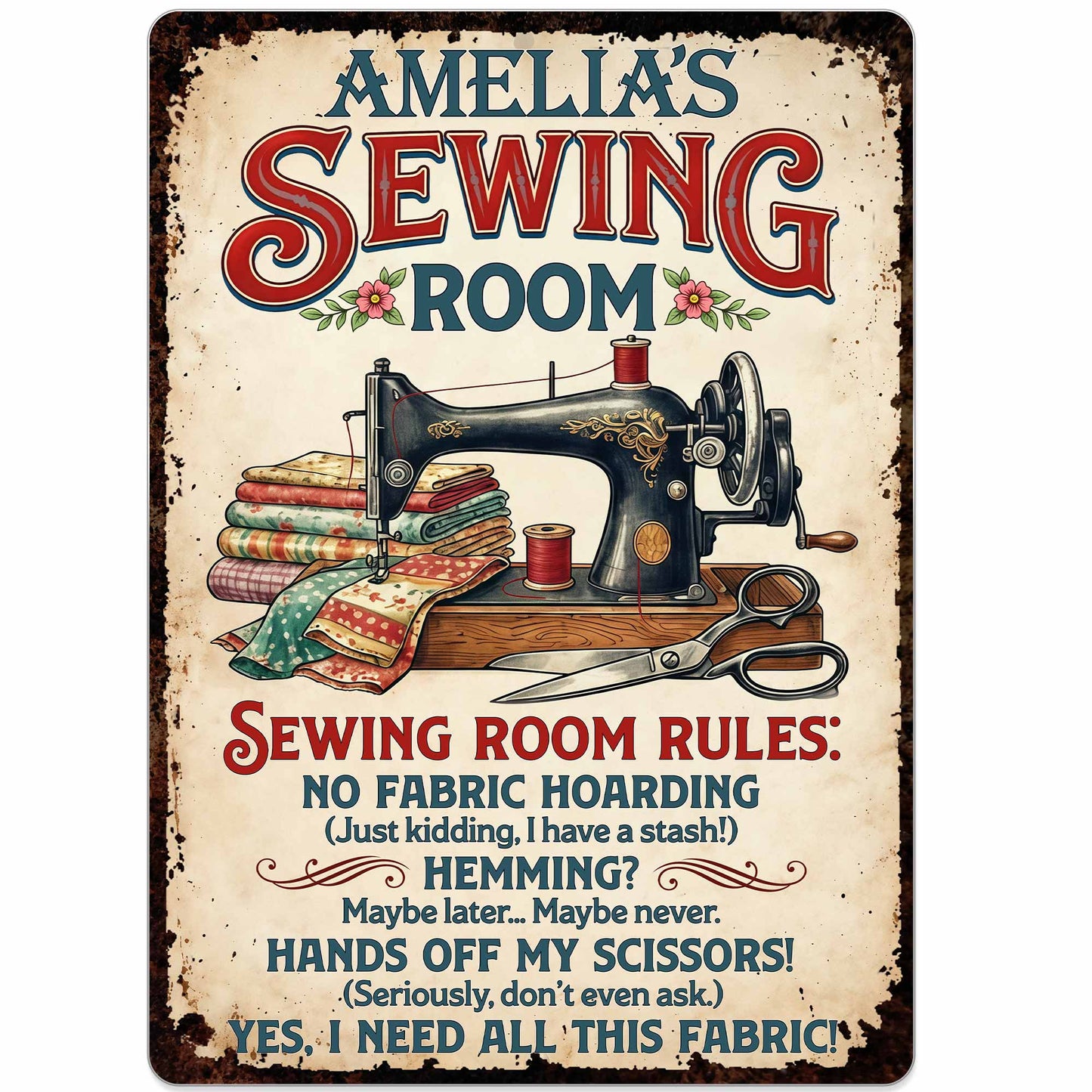 Sewing Room Rules With Vintage Sewing Machine And Fabric