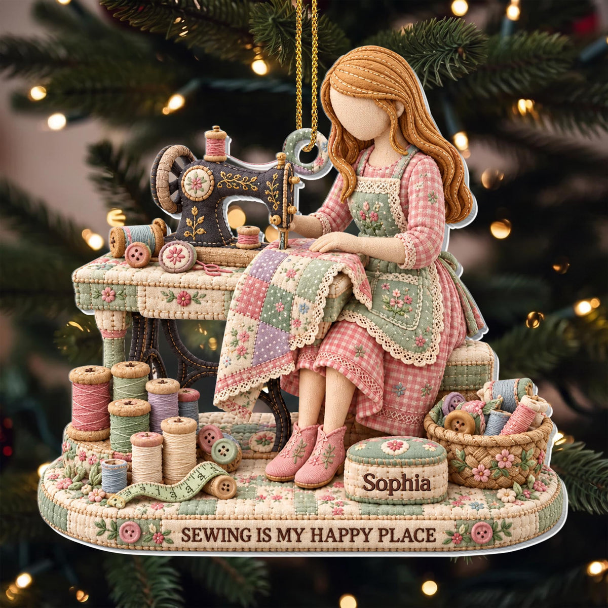 Sewing Is My Happy Place Vintage Sewing Machine And Threads - Personalized Custom Acrylic Ornament, Christmas Gift - HAND209_ACO