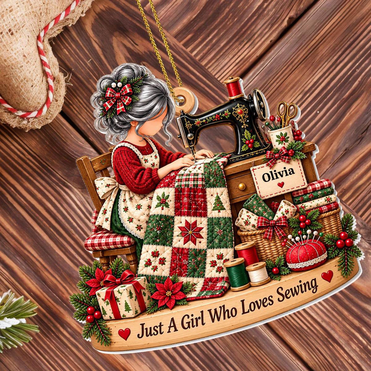 Just A Girl Who Loves Sewing With Sewing Machine and Quilt - Personalized Custom Acrylic Ornament, Christmas Gift - HAND225_ACO