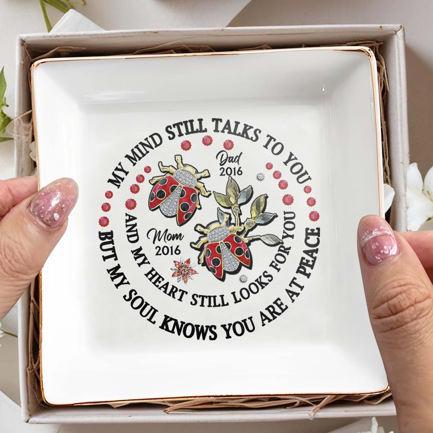 Memorial Jewelry Dish With Ladybugs And Flowers