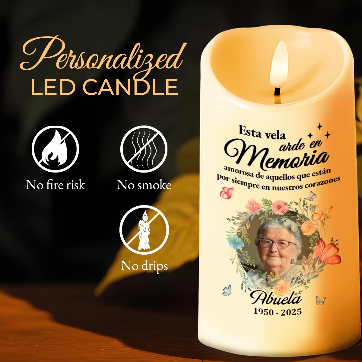 Esta Vela Arde En Memoria Amorosa Candle With Flowers and Butterflies