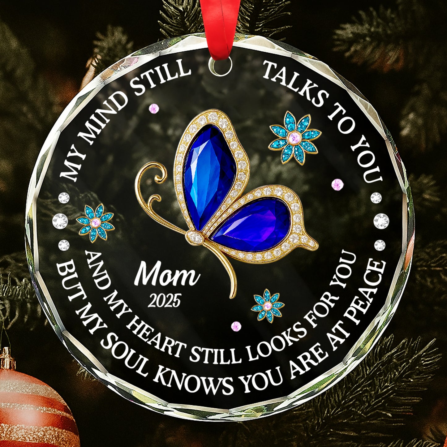 Mi mente aún te habla, diseño de cardenales y flores - Adorno circular de cristal personalizado - HME268_CGOR