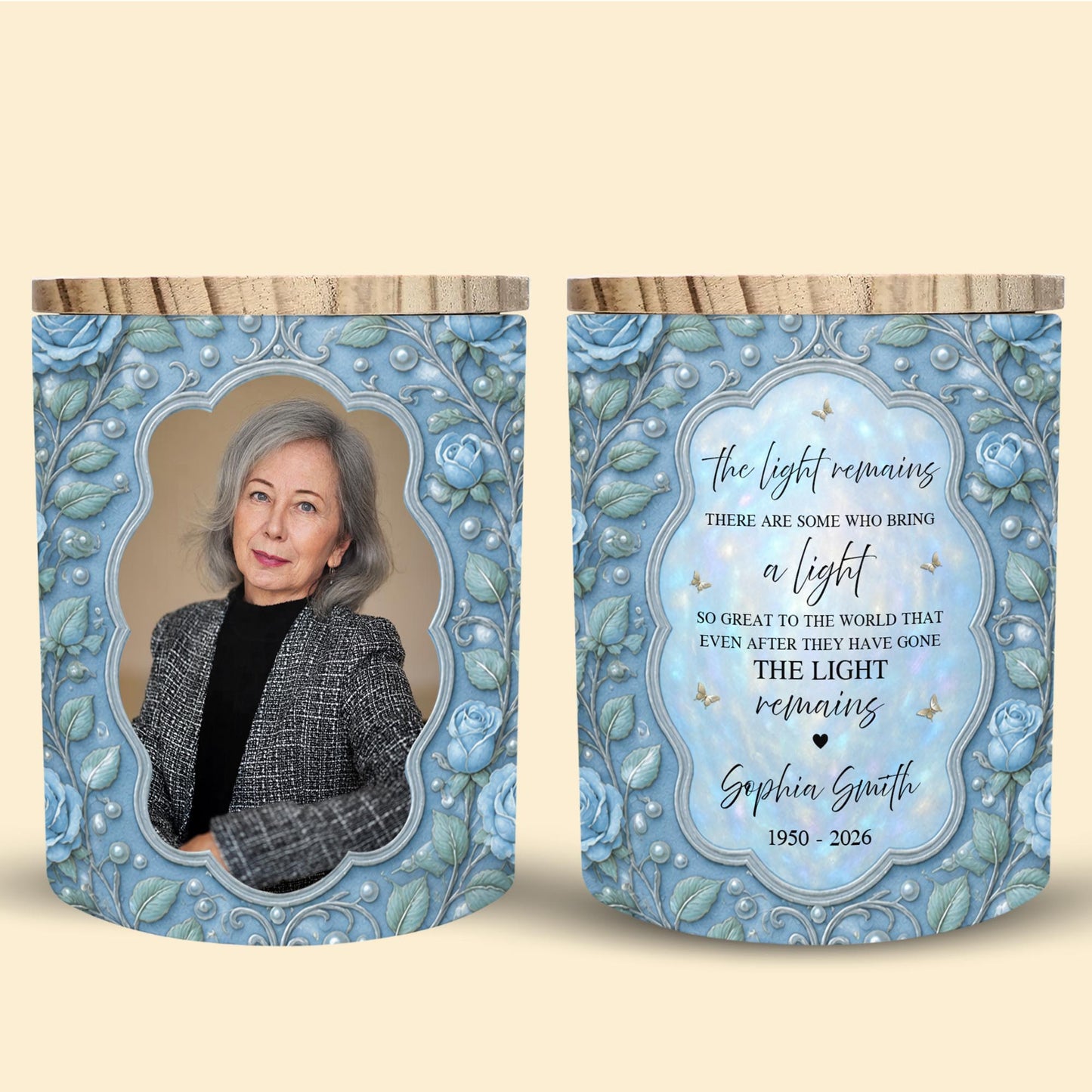 The Light Remains Memorial Custom Photo Blue Roses And Butterflies - Personalized Custom Glass Jar With LED - HME610_LEJAR