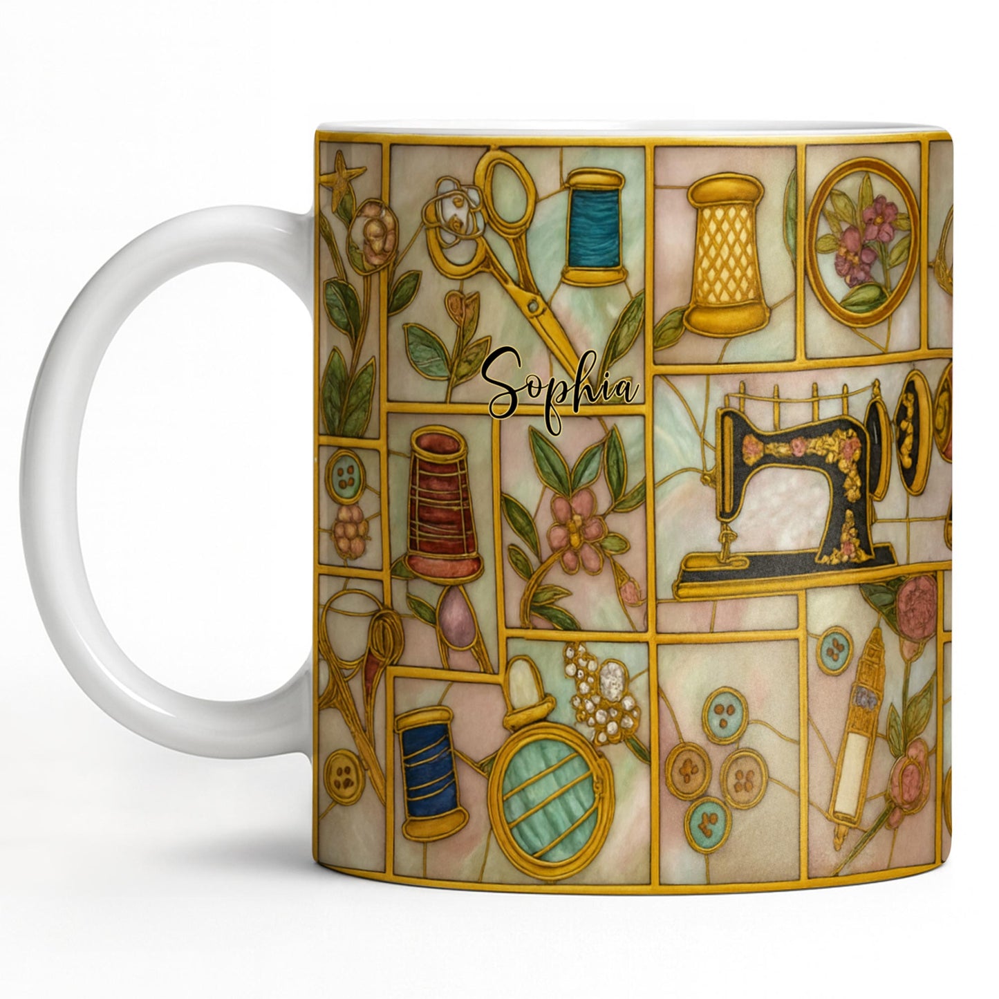 Craft Themed Personalized Mug Featuring Sewing Machine And Flowers