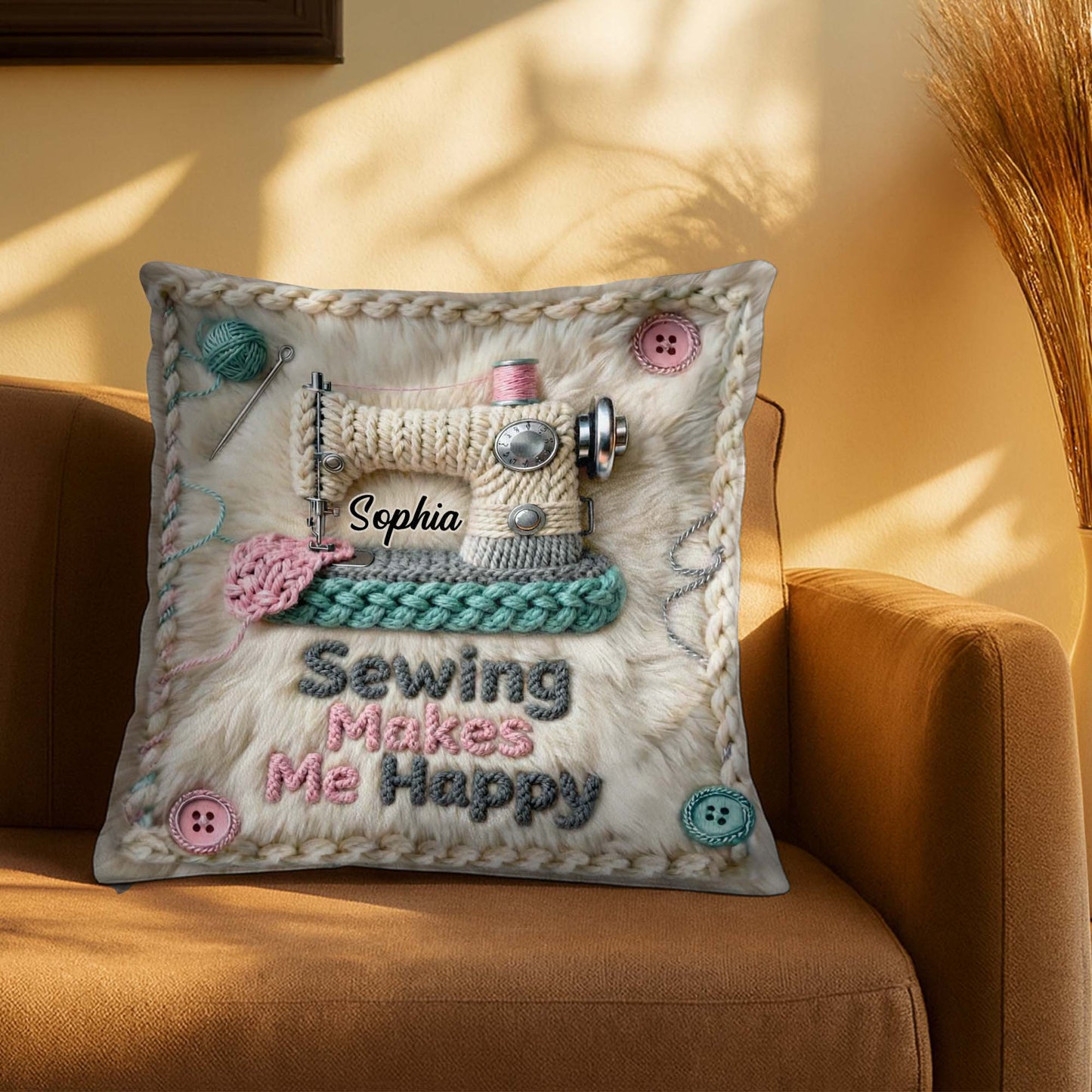 Sewing Makes Me Happy Pillow With Yarn And Buttons