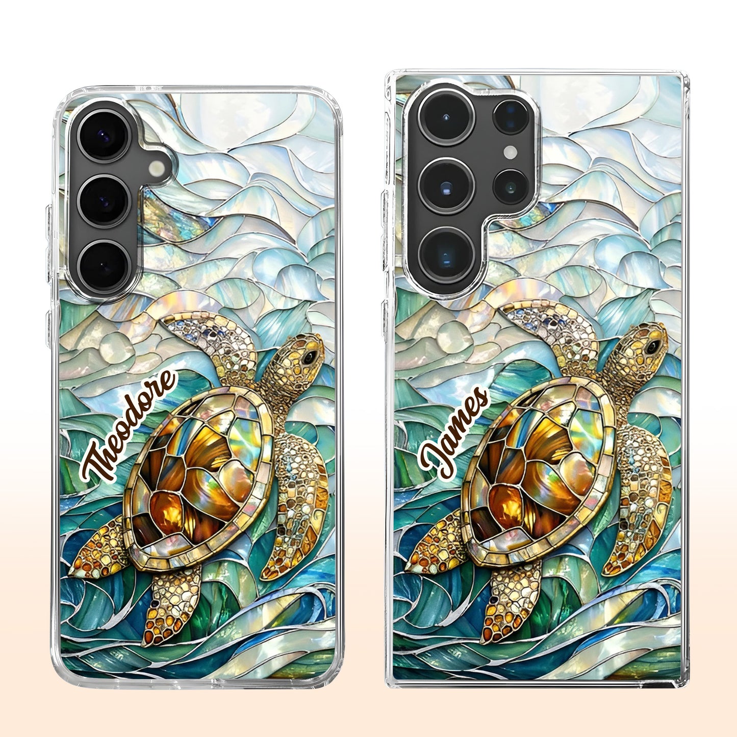 A Sea Turtle Swimming In Stained Glass Ocean Waves Design