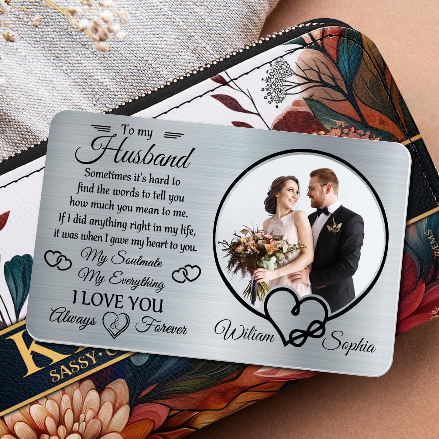 To My Husband, Sometimes It's Hard To Find Words, Hearts and Wedding Photo - Personalized Aluminum Wallet Card - HSB029_ALCA