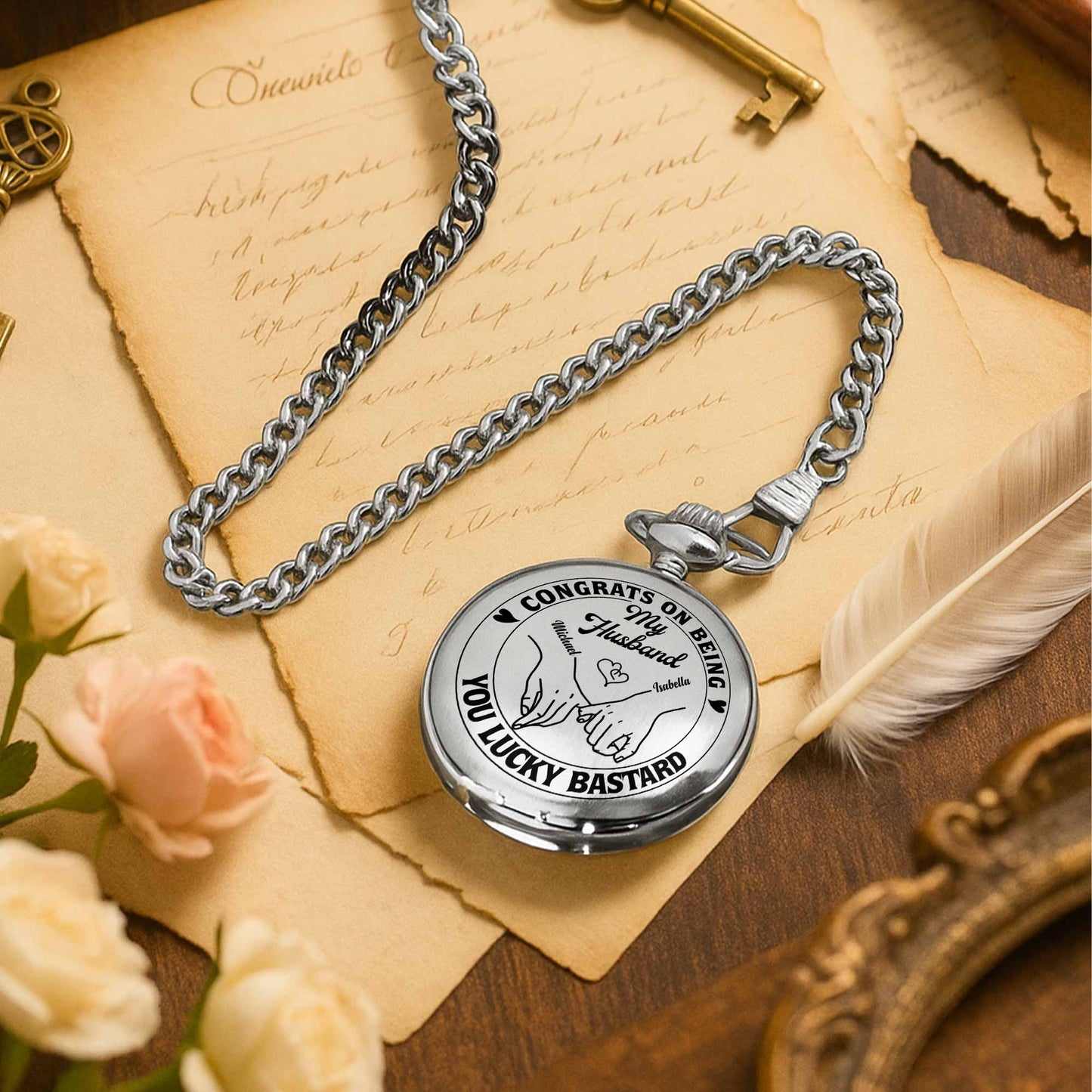 Congrats On Being My Husband, You Lucky Bastard - Personalized Silver Plated Pocket Watch - HSB040_SWATCH