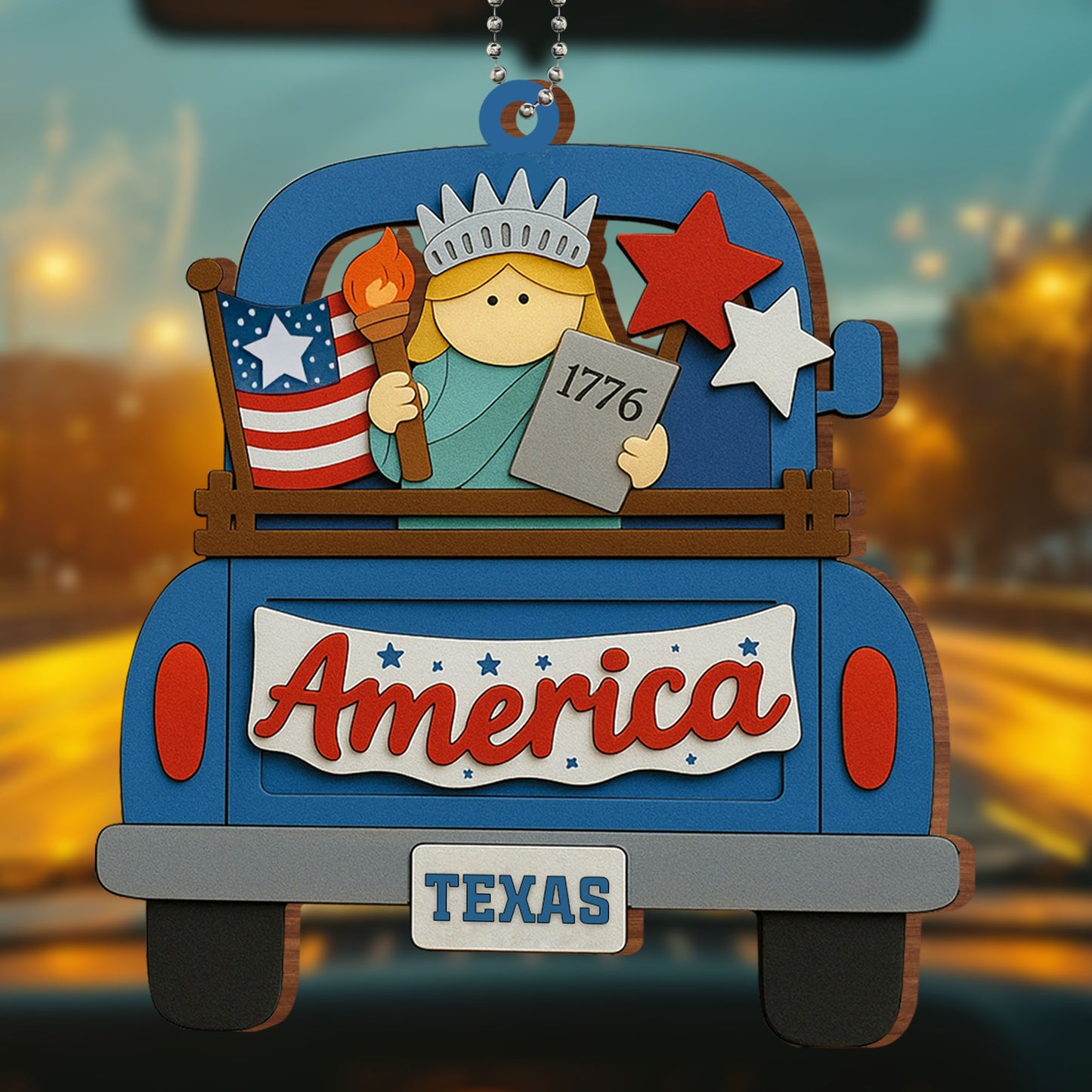 America, Your State, Statue Of Liberty, American Flag - Personalized Custom Wood Ornament, Car Hanging Ornament - INDE008_WCA