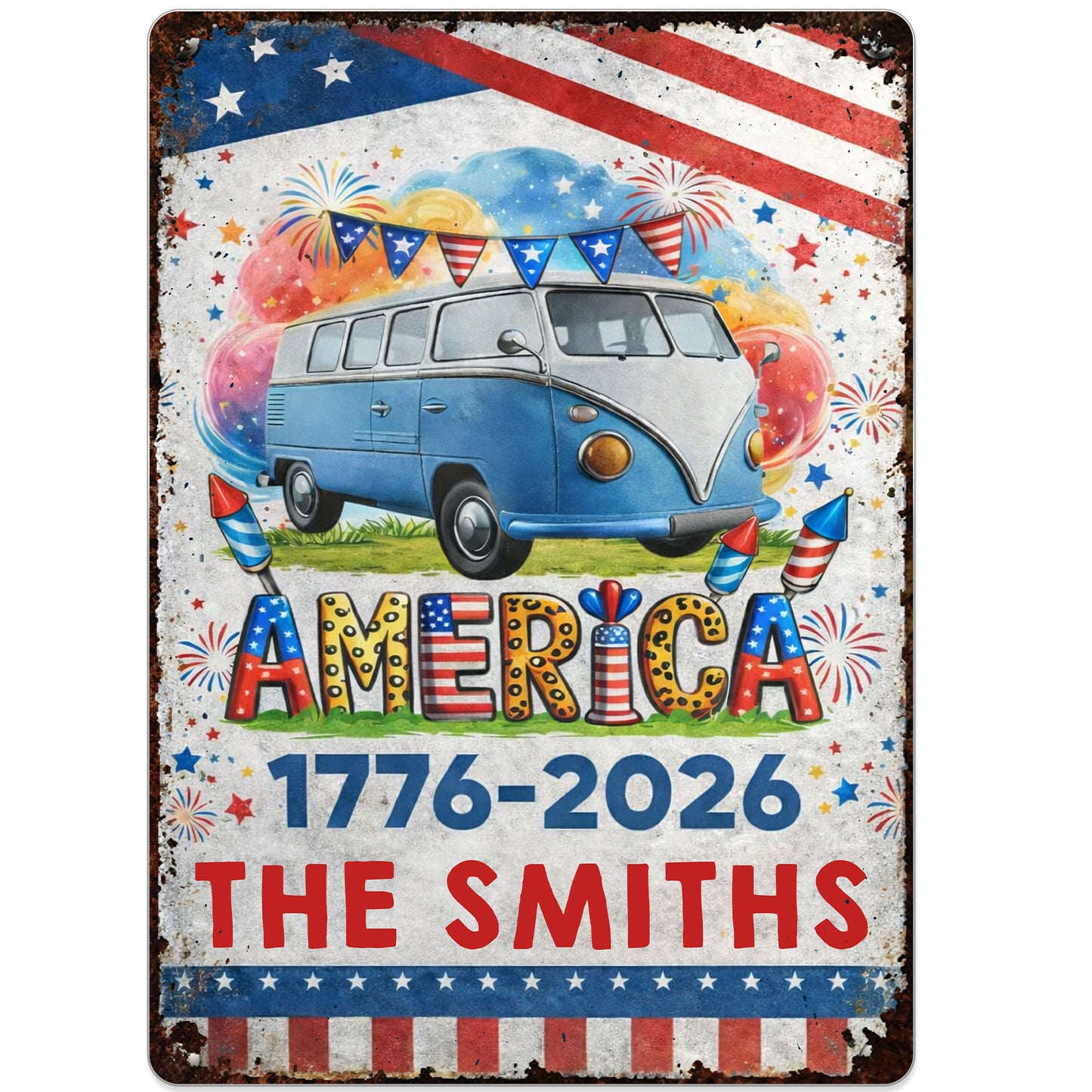 America Vintage Van With Fireworks And American Flag Custom Family Name - Personalized Metal Sign - INDE018_MSIGN