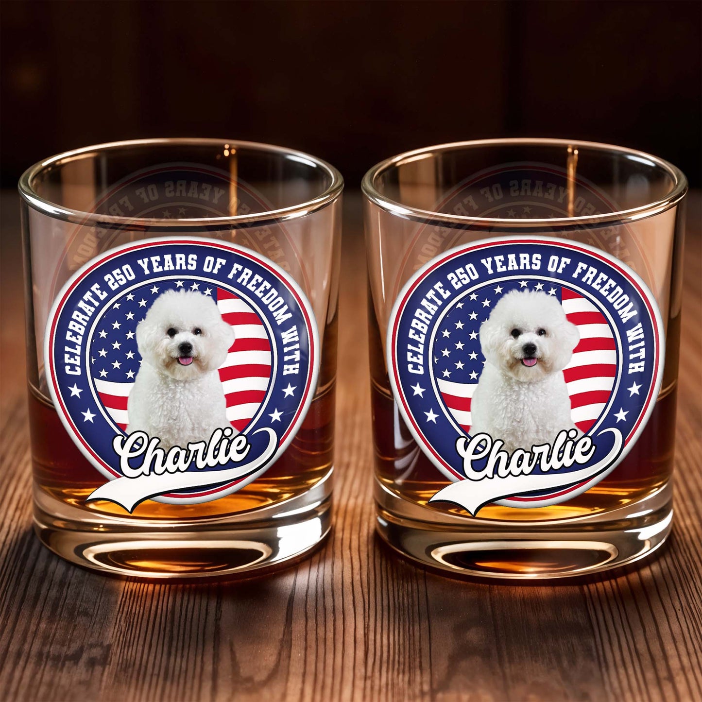 Celebrate Freedom, Customized Whiskey Glass With Dog And Flag