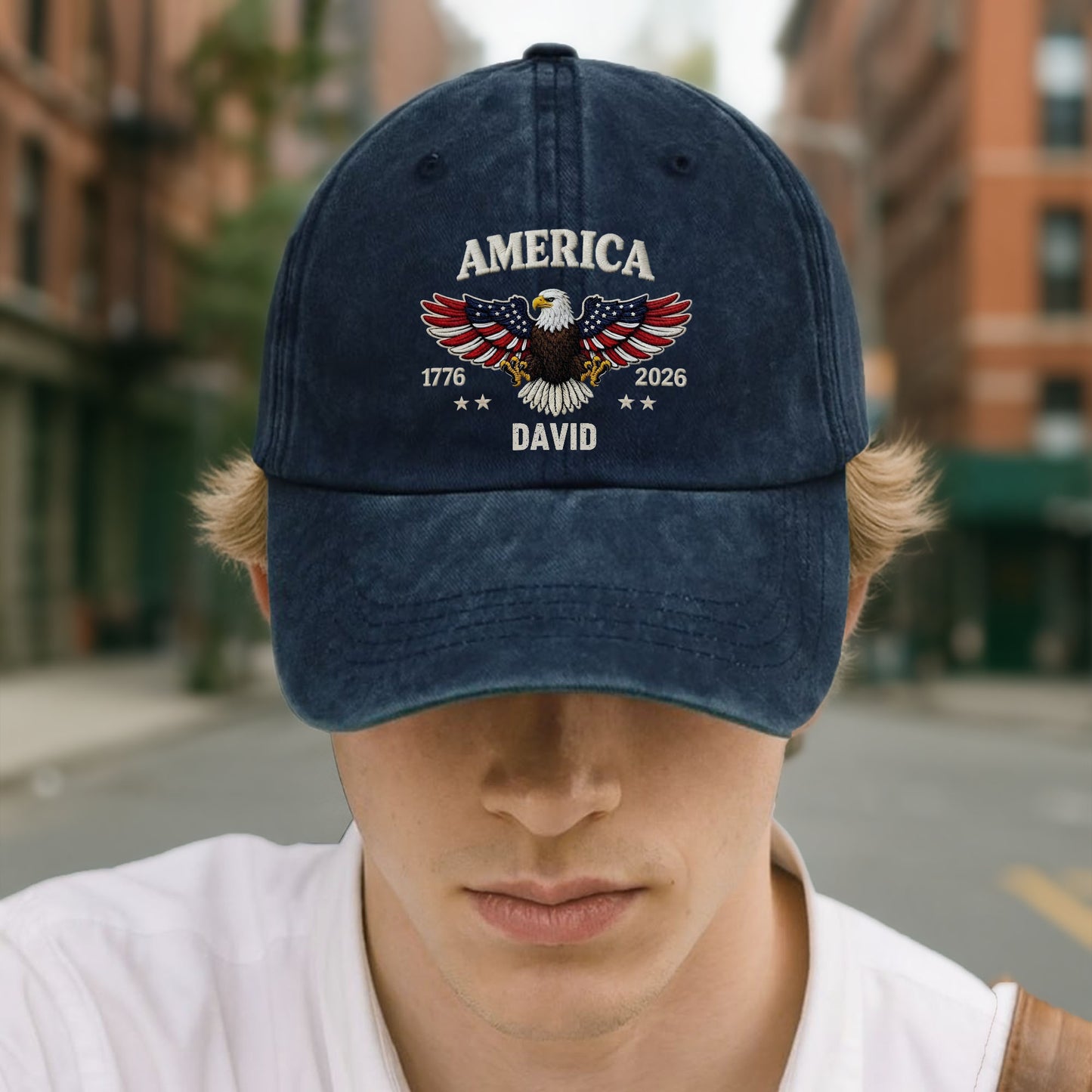 America Patriotic Bald Eagle With American Flag Wings And Stars - Personalized Custom Washed Denim Cap - INDE095_WDCAP