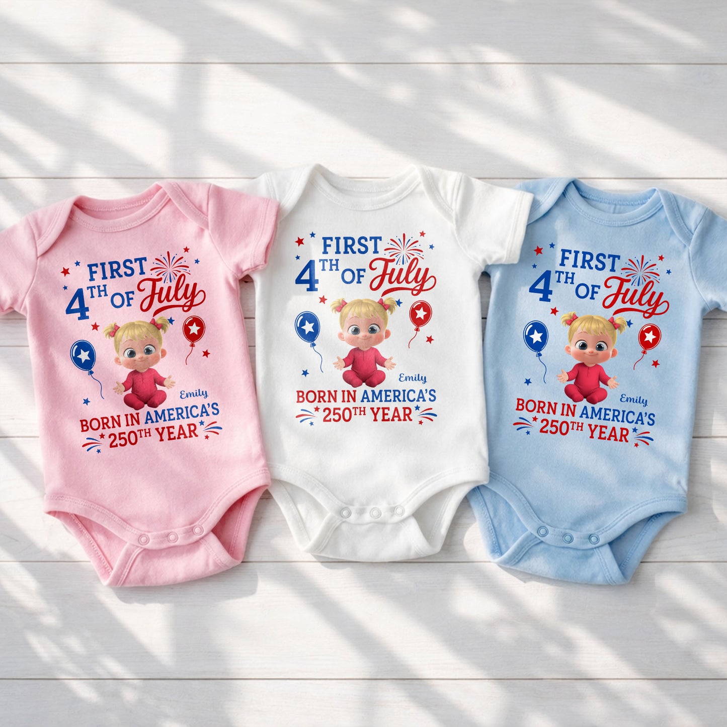 First 4th Of July Born In America 250th Year Baby Girl - Personalized Custom Baby Onesie - INDE579_ONES