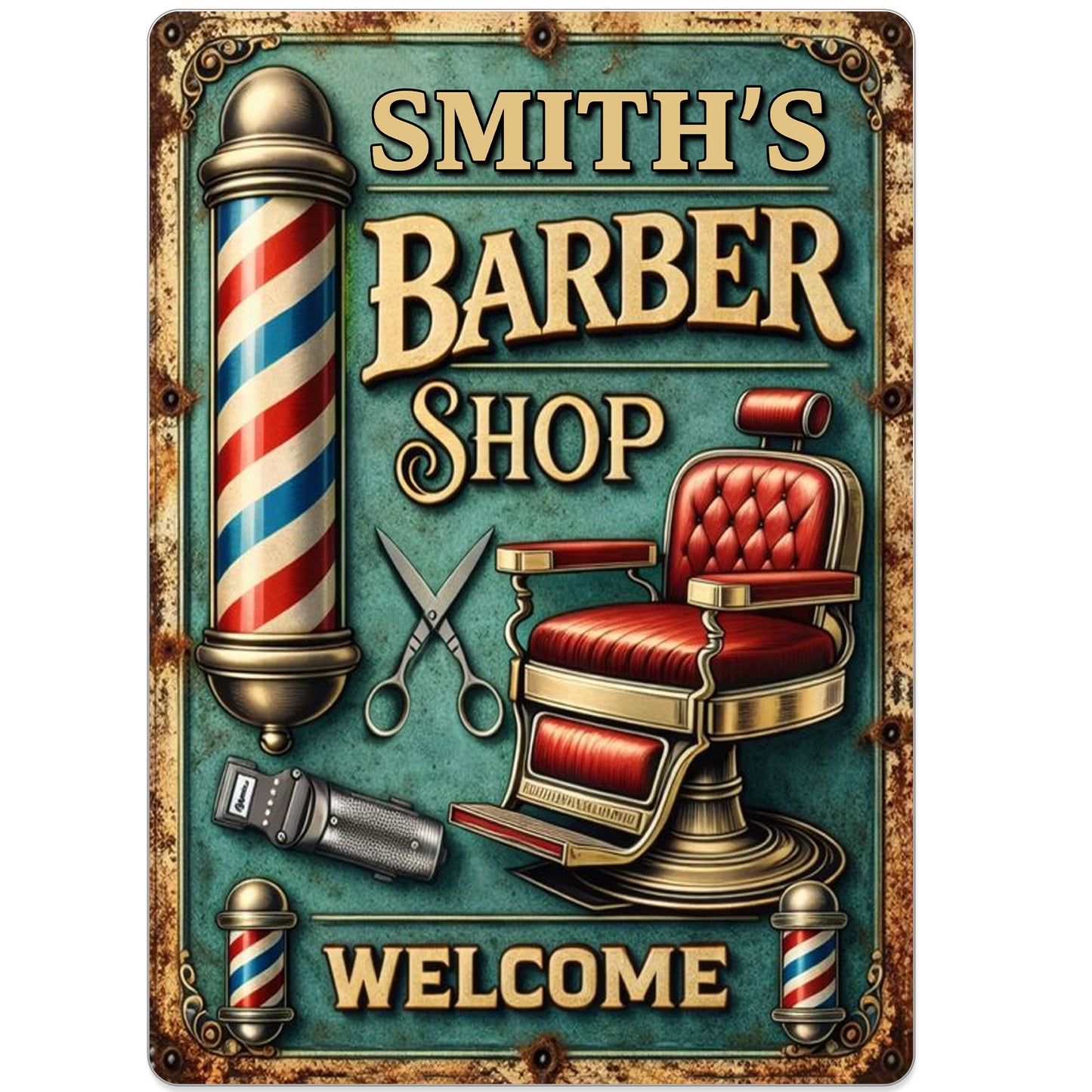 Welcome To Our Barber Shop, Barber Pole And Chair - Personalized Metal Sign - JBS045_MSIGN
